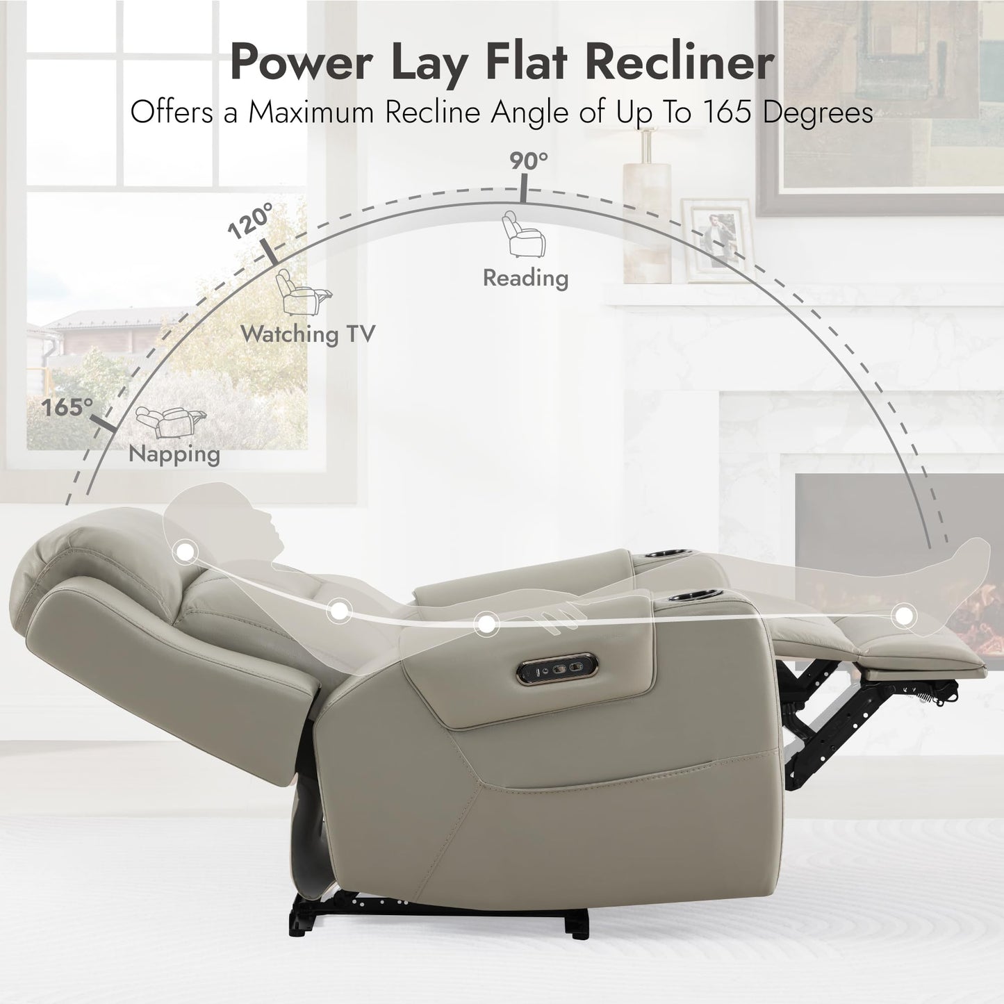 Watson & Whitely Genuine Leather Power Recliner Chairs for Adults, Lay Flat Recliner with Power Headrest, USB Ports and Cup Holders, Electric Reclining Sofa for Living Room, Bedroom, Grey