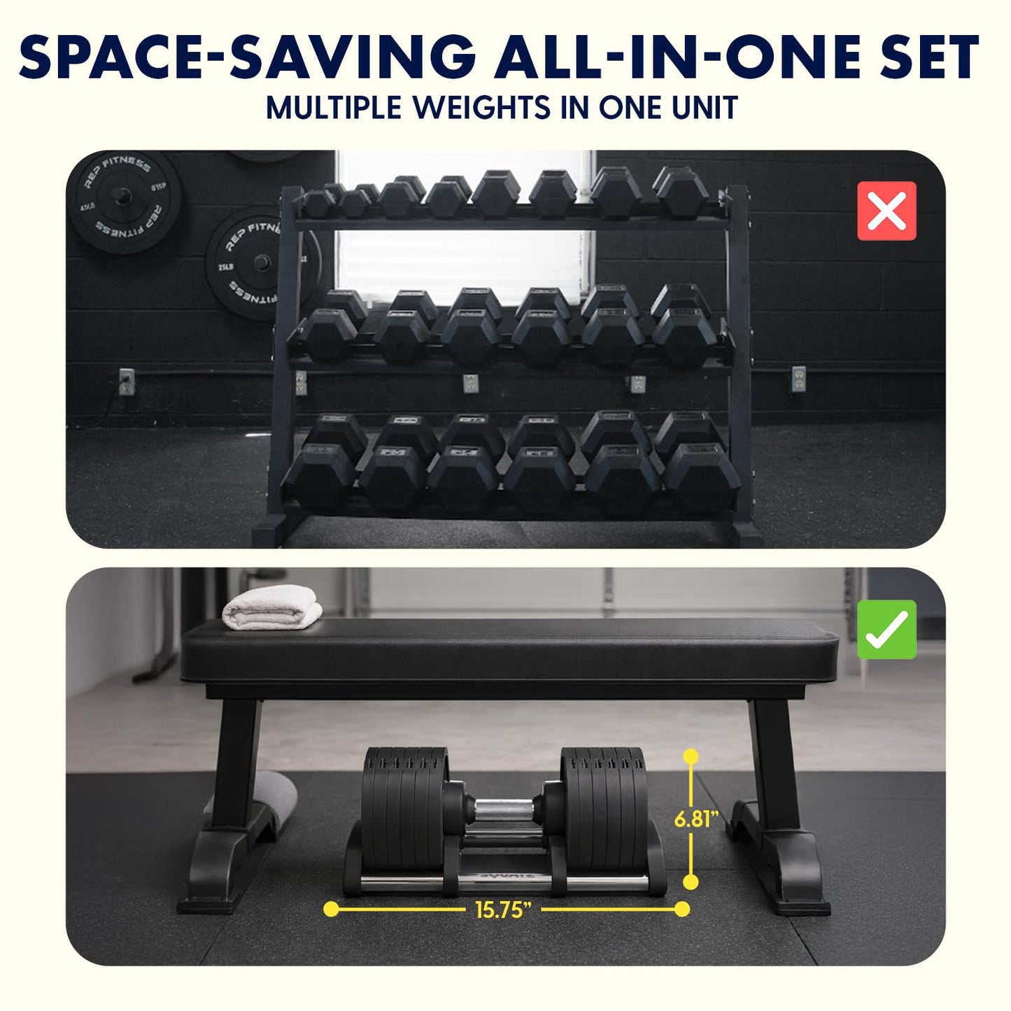 SQUATZ 45 lb Adjustable Dumbbells with Quick Weight Change, Space-Saving Dumbbell Set with Anti‑Slip Handle, Secure Locking System, Heavy‑Duty Plates & Base for Home Workout and Strength Training