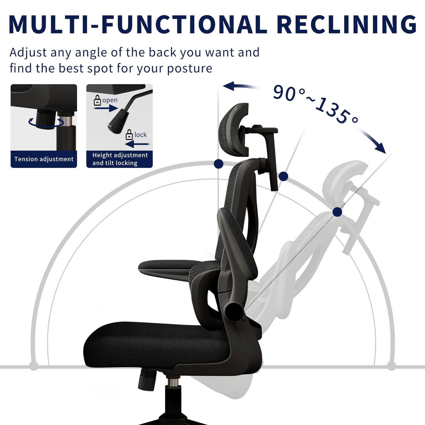 Ergonomic Office Chair - Desk Chair with Adjustable Headrest Lumbar Support Computer Chair - Mesh Comfy Chair with Flip-up Armrests - Gaming Chairs for Adults Home Office (Black+Black)