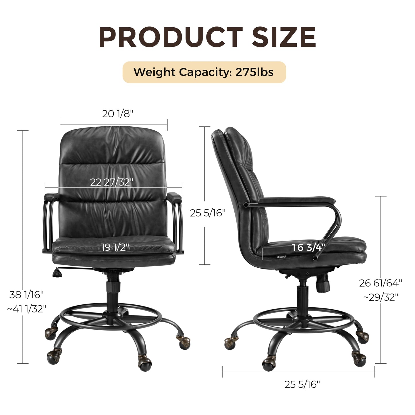 EUREKA ERGONOMIC Mid-Century Vintage Office Chair, Faux Leather Executive Desk Chair with Unique Ball Casters and Fixed Footrest Ring, Brown Retro Swivel Chair for Home Office and Study, Gray