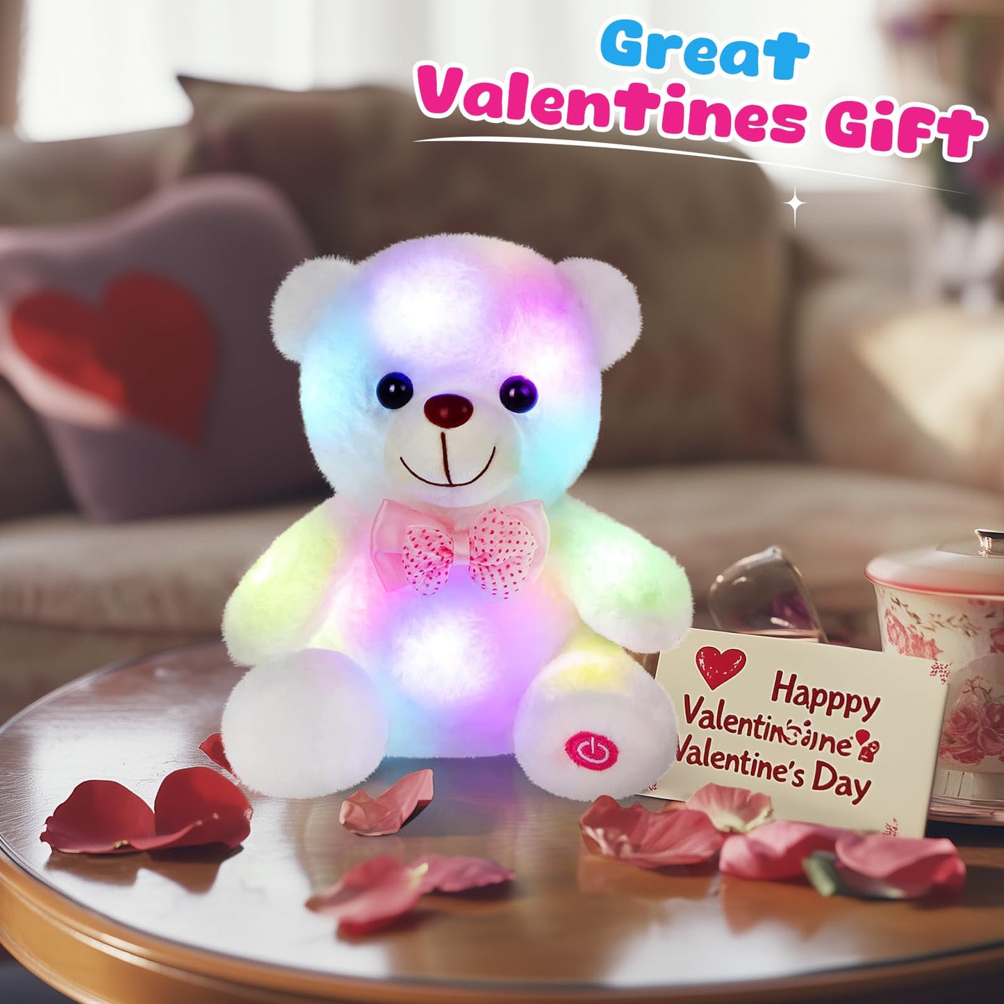 BSTAOFY Light up White Teddy Bear LED Stuffed Animal Soft Nightlight Glow Bear Plush Toy Gifts for Kids Mom Girls Birthday Christmas, 8" (White)
