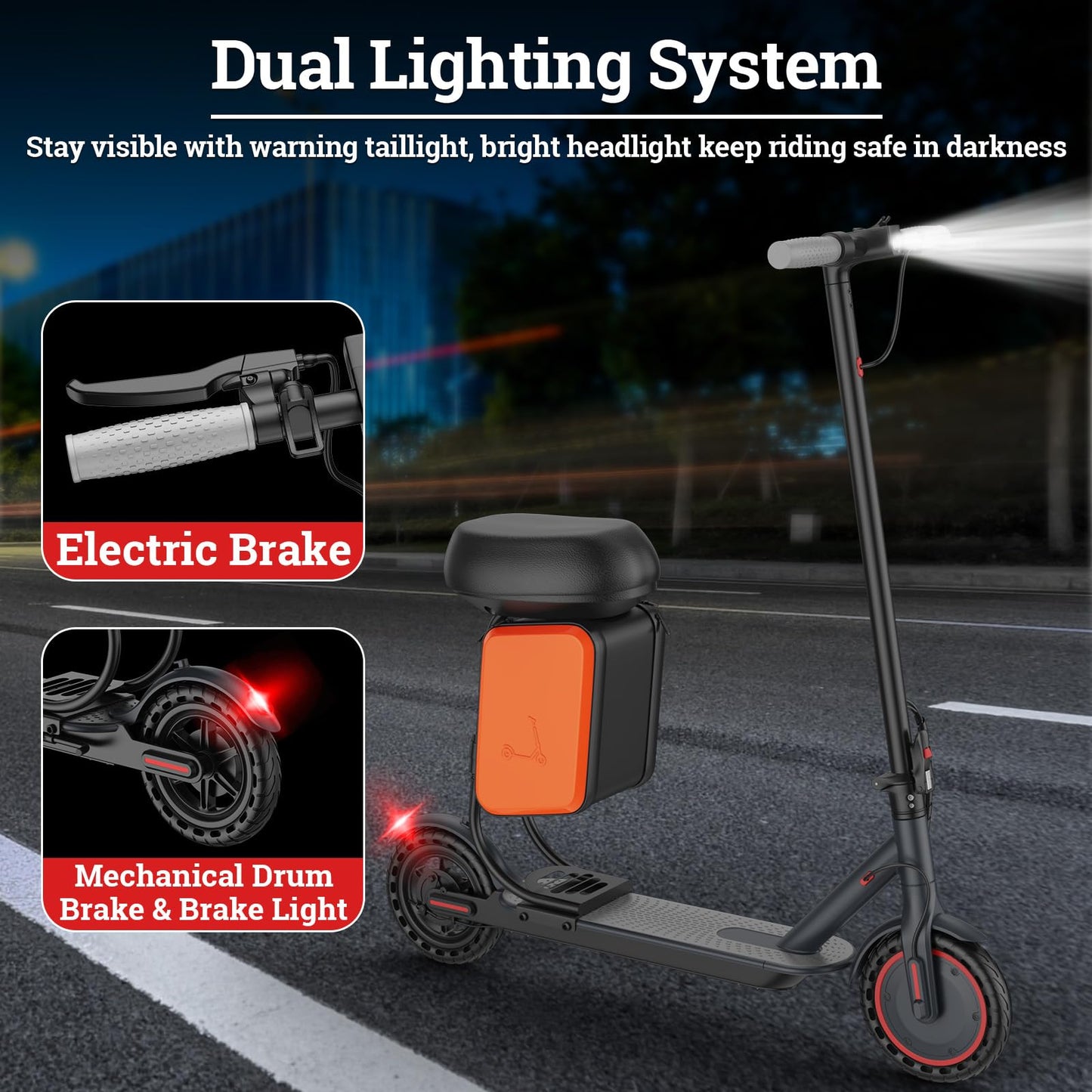 Qlaway 8.5" E Scooter for Adults 19 MPH 350W Motor 187.2WH Battery, Motorized Scooter Up to 15 Miles Range, Foldable, Bearing 265 LBS/APP Control with Seat