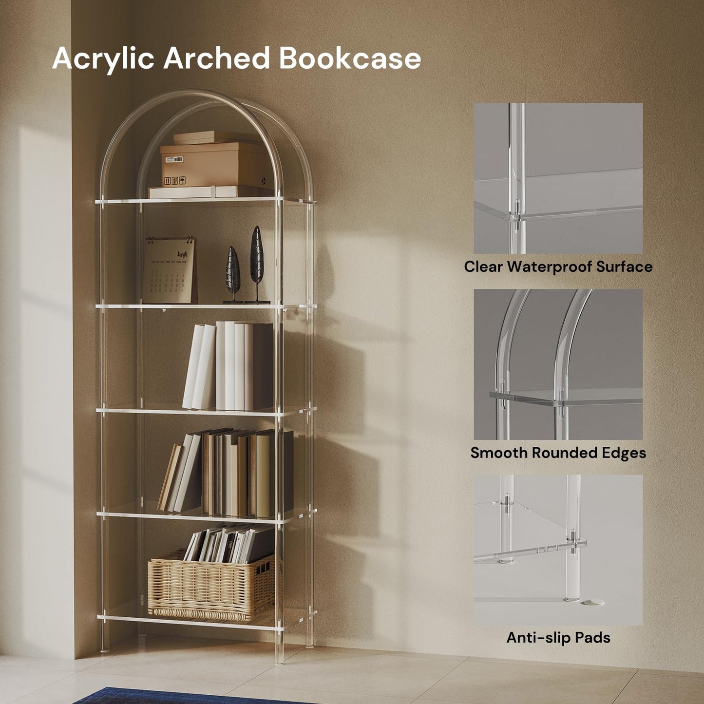 CRTERICX Acrylic Arched Bookshelf, 5-Tier Clear Bookcase, Modern Open Book Shelves for Home Office, Bedroom, Living Room, 11.8" D x 23.64" W x 65.7" H