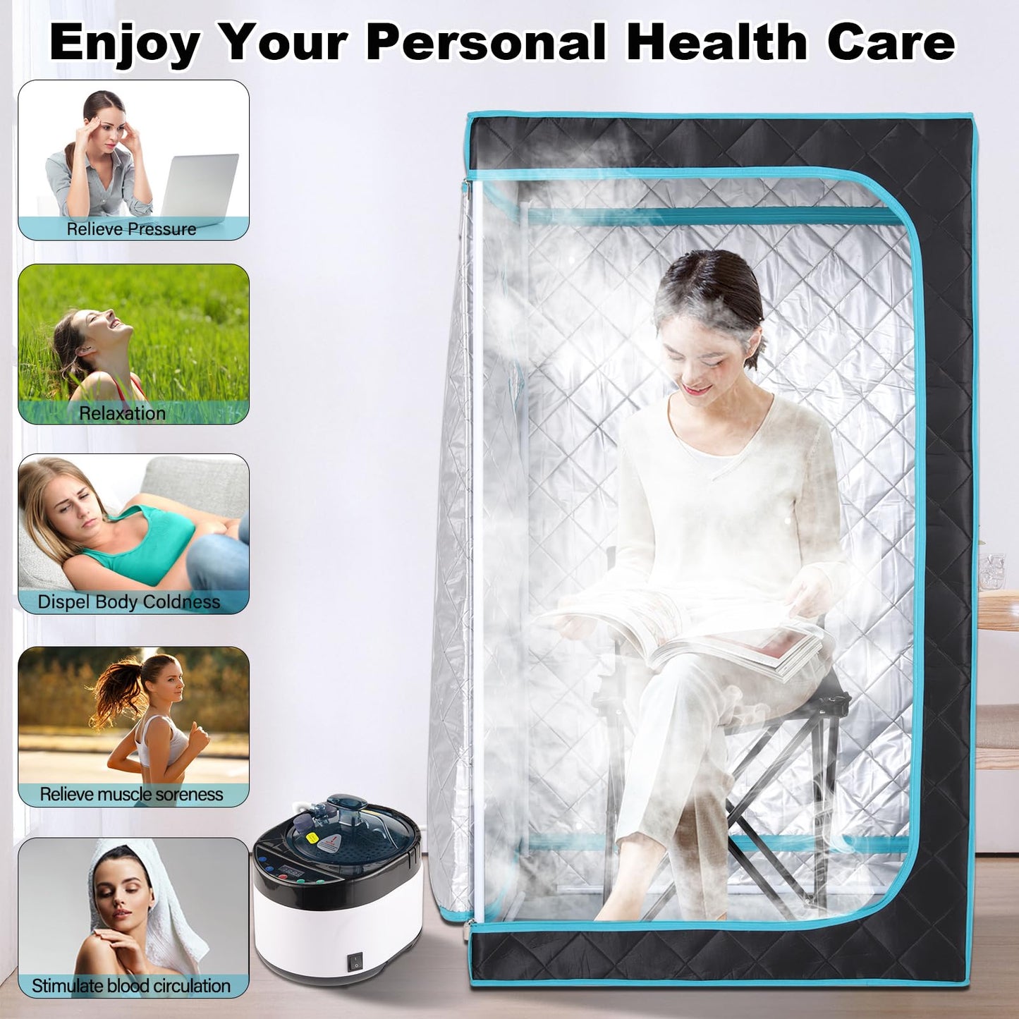 iDOTODO Full Size Portable Steam Saunas for Home Spa, Full Body Sauna Tent for Relaxation, 1500W & 4L Sauna Steamer Machine, Remote Control, Foldable Chair (Black)