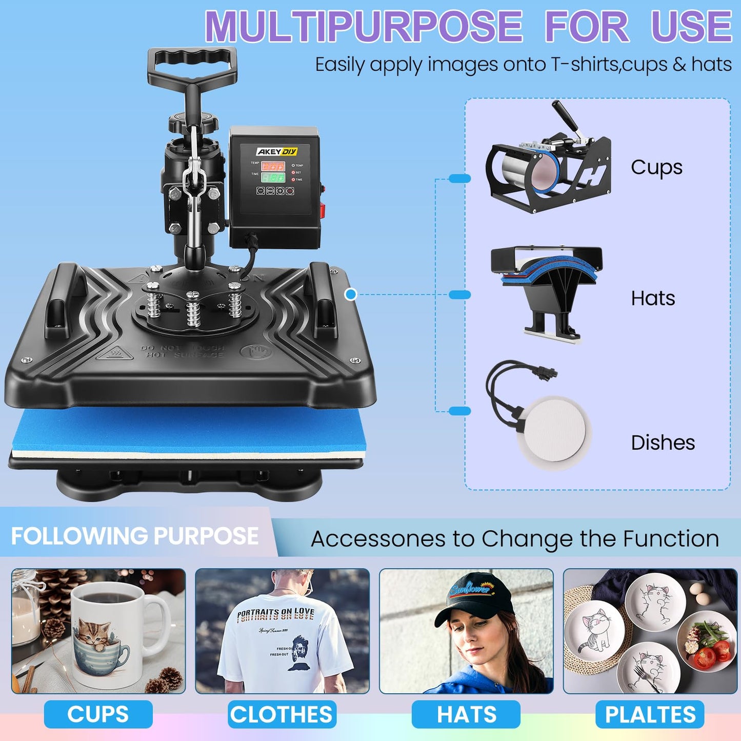 Heat Press Machine for Tshirts, 8 in 1 Heat Transfer Machine, 12" X 15" Heat Printing Press for Sublimation Combo with 360 Degree Rotation Swing Away for T-Shirt Hat Cap Mug Plate, Blue Black