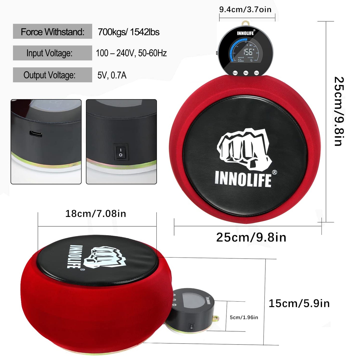 INNOLIFE Professional Boxing Dynamometer – High-Precision Punch Power Tracker with 1543 Lbs Capacity & Multi‑Unit Display (kg/lb/N)