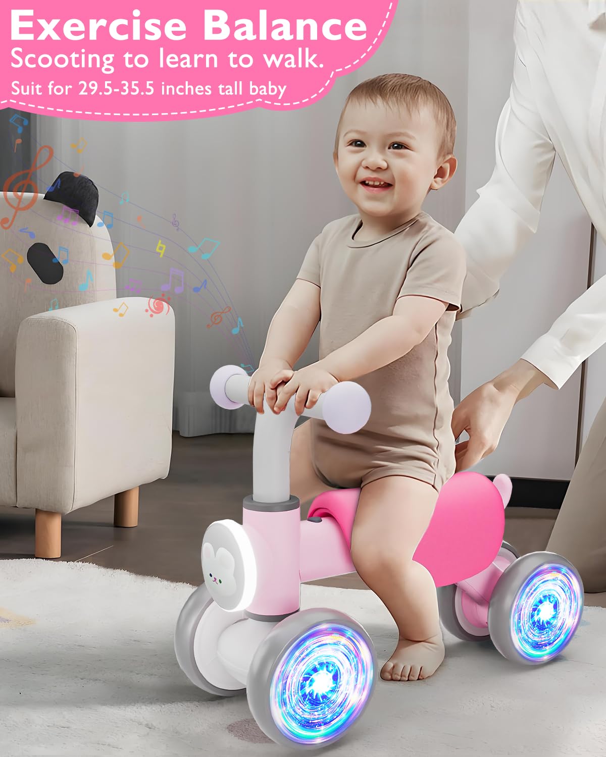 Toddler Toys Balance Bike for 1 Year Old Girl Gifts,4 Wheels Colorful Lighting with Music Baby First Bike,Toddler Girl Toys Balance Bike for 1st 2 Year Old Birthday Gifts