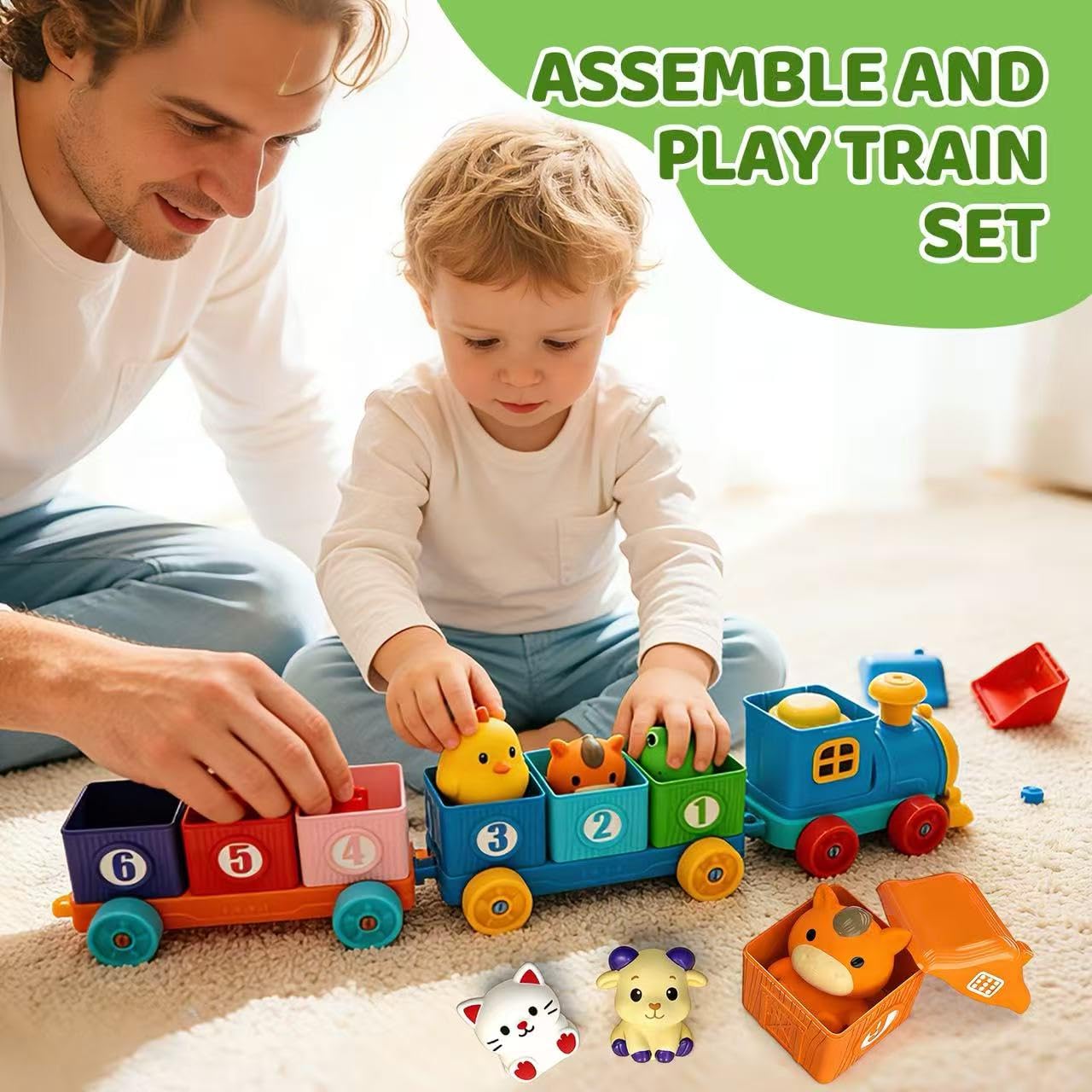 Toddler Learning Toys for 2 3 Year Old-Counting Matching & Sorting Activity Montessori Train Toys with Farm Animals Finger Puppets Birthday Gift for Baby Boys Girls