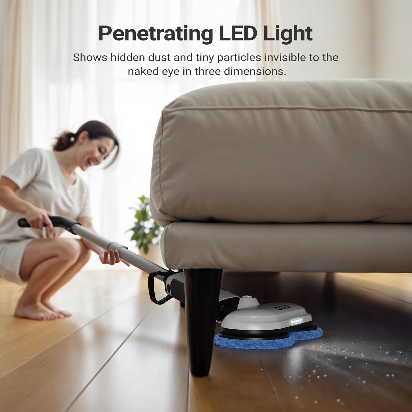 iDOO Electric Cordless Spin Dust Mop, Electric Mops for Floor Hardwood Tile Cleaning with Sprayer & LED Headlight, Rechargeable Dual-Motor, Quiet Self Propelled, Water Tank 4 Replaceable Heads, White
