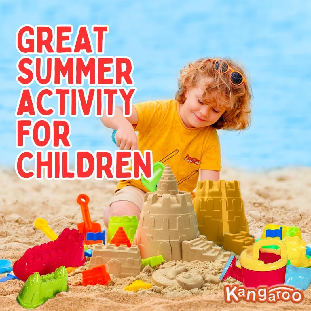 Kangaroo Beach Bucket Set for Kids - 23 Pcs Collapsible Sand Toys Set - Foldable Travel Pail and Shovel Set for Toddlers - Beach Essentials for Sand Castle Molds - Beach Toys for Kids Ages 4-8 & 8-12
