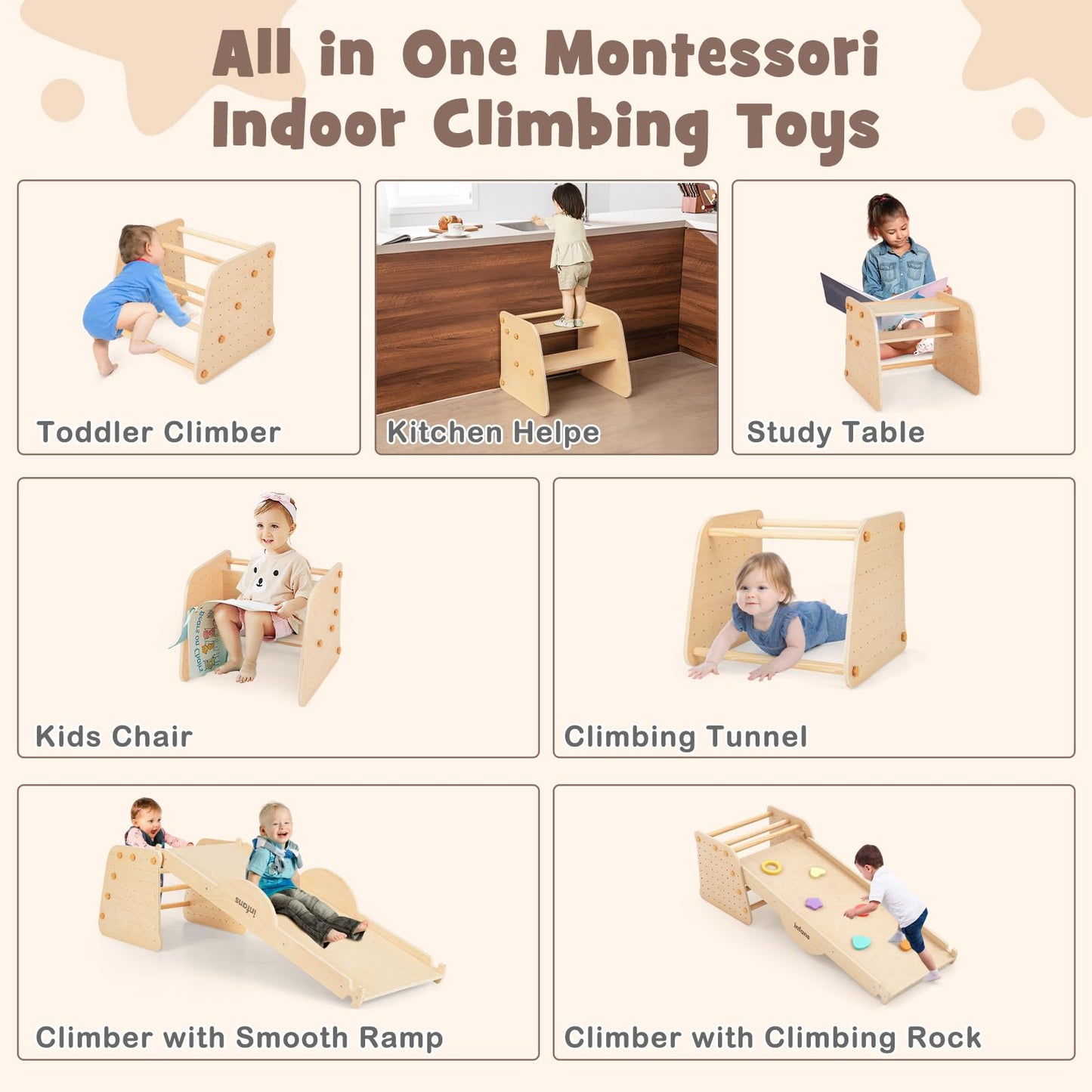 INFANS 7 in 1 Climbing Toys for Toddlers, Upgrade Wooden Montessori Cube Climber Set with Reversible Ramp Slide Ladder Seesaw, Indoor Pikler Climb Activity Jungle Gym Present for Kids Age 3+