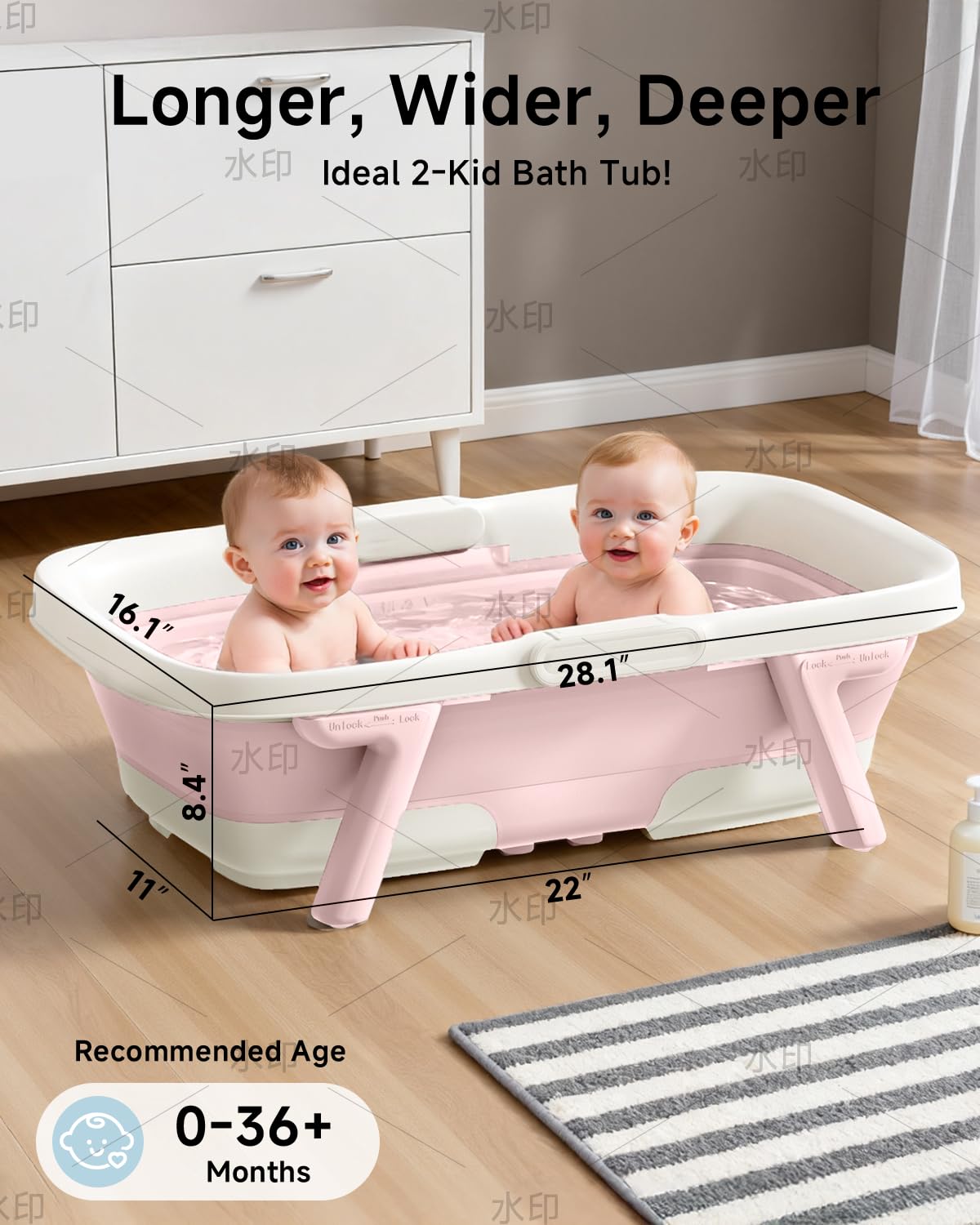 EverKiddo Collapsible Baby Bathtub, Laege Infant Bath Tub with Thermometer & Cute Soft Cushion for Newborn to 36-Month Toddlers, Storage and Non-Slip Feet Design, Baby Bath Gift (Pink)
