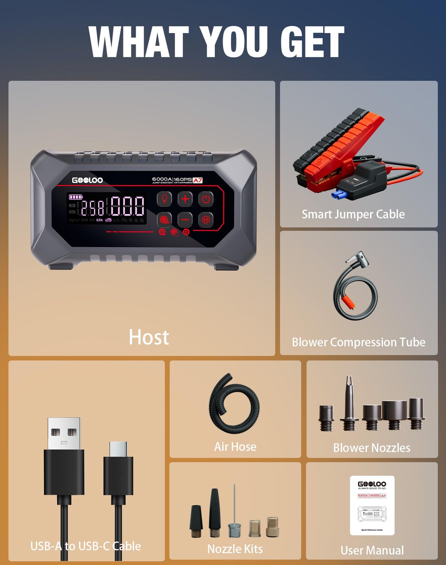 GOOLOO A7 Jump Starter with Air Compressor, 6000A &160PSI 12V Car Battery Jumper Starter Portable Booster Pack, 12-in-1 Jump Box (All Gas & 10L Disel) with Tire Inflator & Air Pump(Inflate& Deflate)