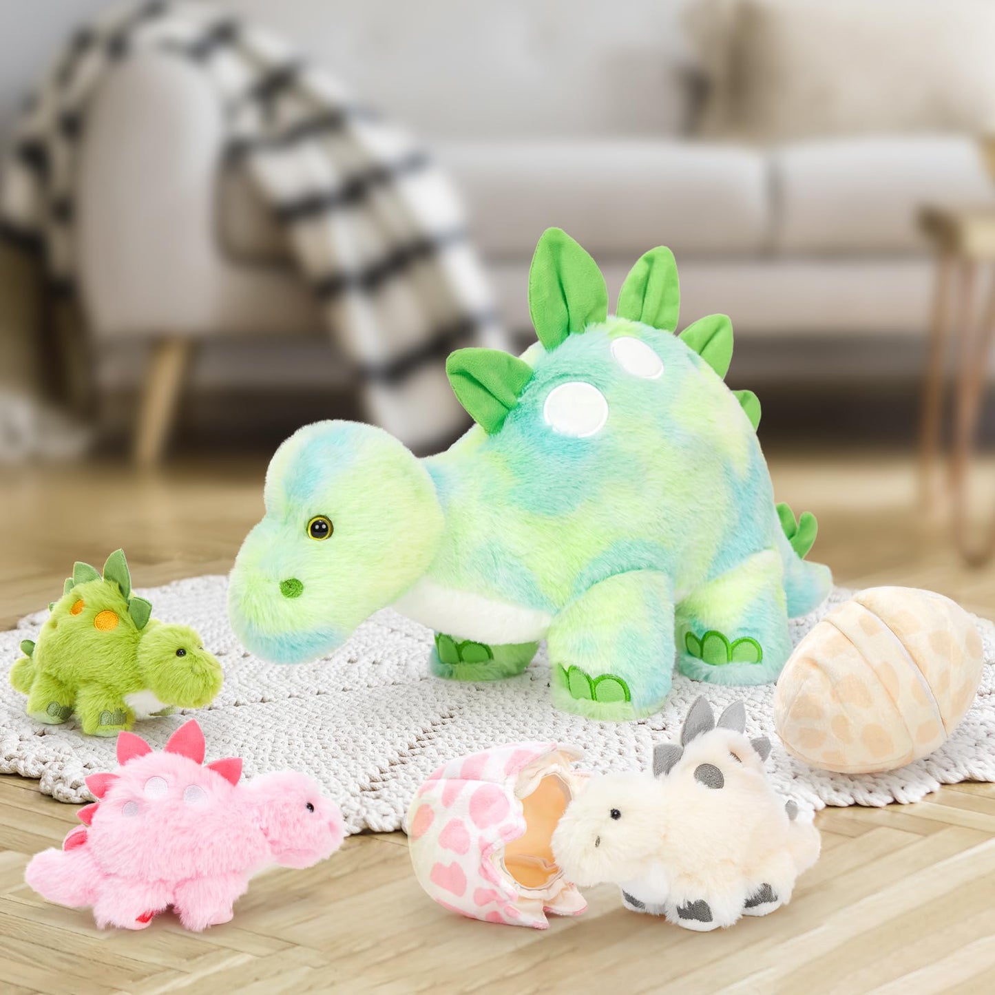 Karister Dinosaur Stuffed Animal,Dinosaur Plush Toys for Girls,Cute Dino Plushies,Mommy Dinosaurs,3 Baby & 2 Eggs Gifts Kids Boys Christmas Easter Birthday Children's Day (Night-Glowing Stegosaurus)
