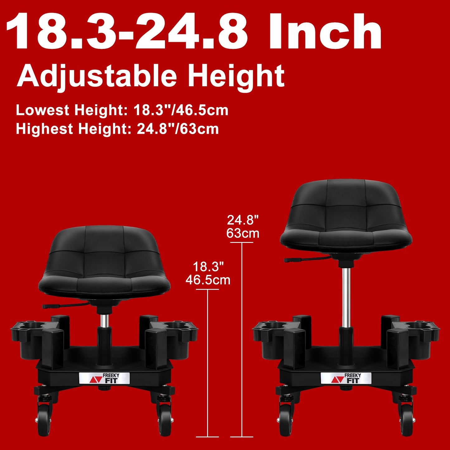 FreekyFit Rolling Stool with Wheels, Adjustable Shop Stool Mechanic Seat, Garage Shop Roller Work Chair, Mobile Rolling Seat with Tool Tray, 2 Cup Holders, 4" Casters, 350 LBS, Heavy-Duty, Black