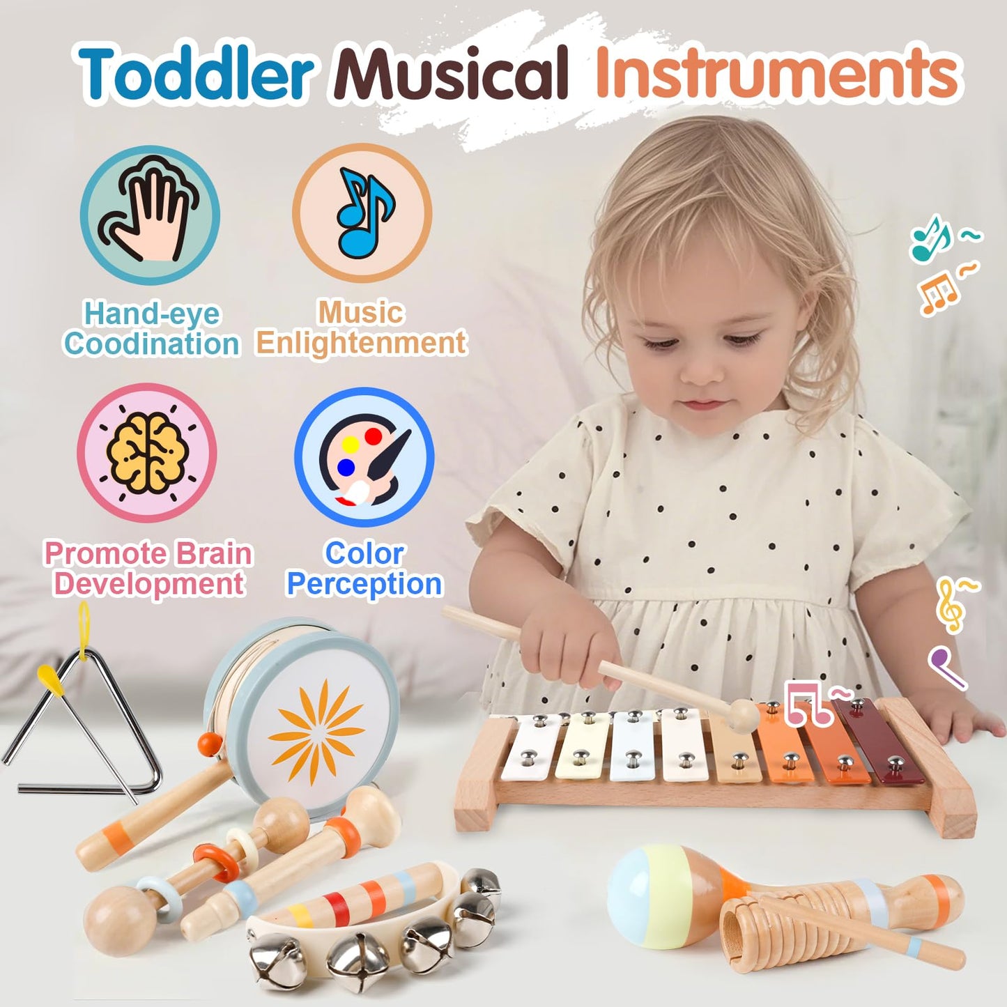 Wooden Toddler Musical Instruments Set, 9PCS Kids Montessori Toys, Baby Toys with Xylophone & Drum, Educational Gift for Ages 1, 2, 3 Year Olds