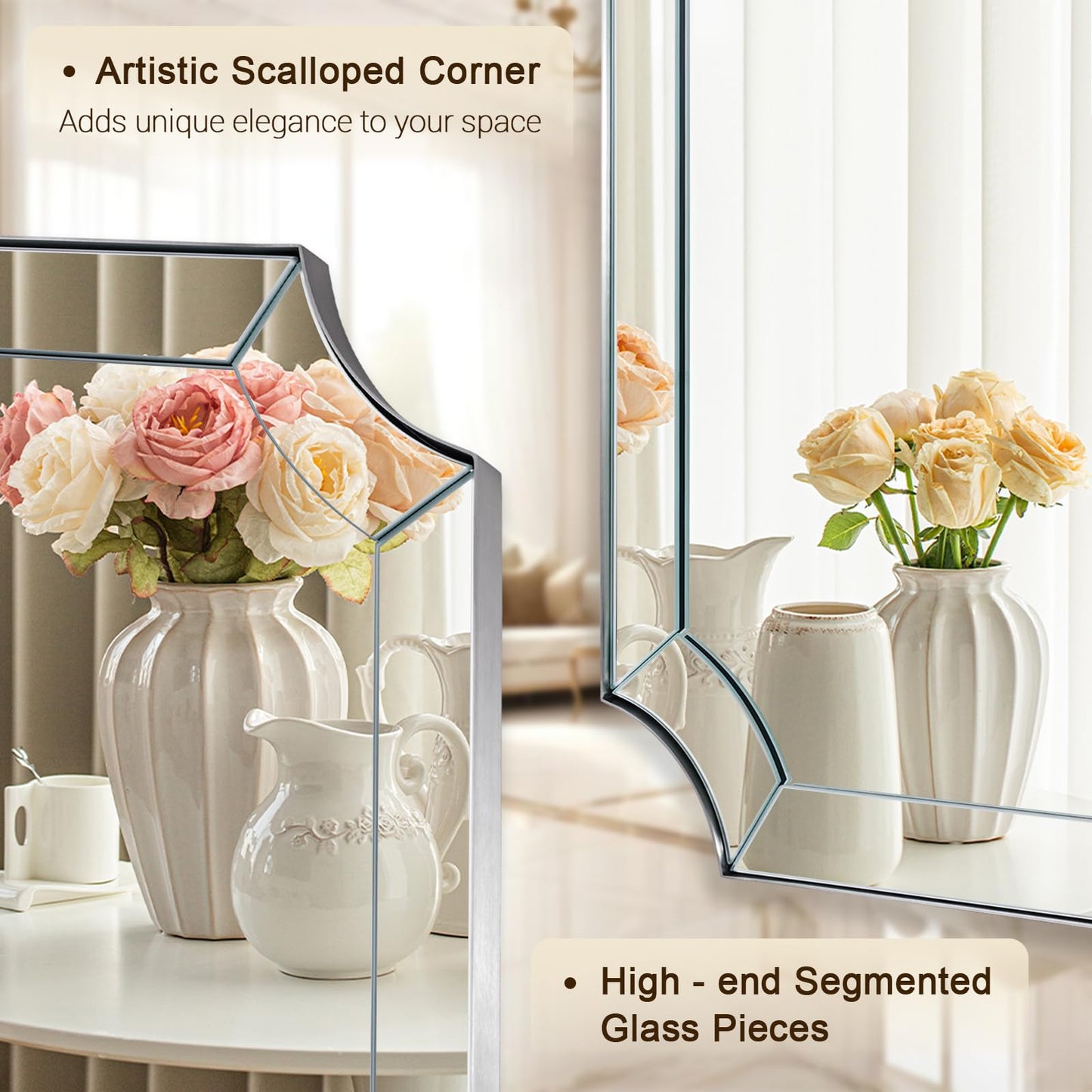Andy Star Brushed Nickel Mirror, 22x30 Scalloped Bathroom Mirror, Silver Vanity Mirror in Anti-Rust Stainless Steel, Notched Mirrors with Delicate Tessellated Glass, Wall-Mounted Horizontal/Vertical