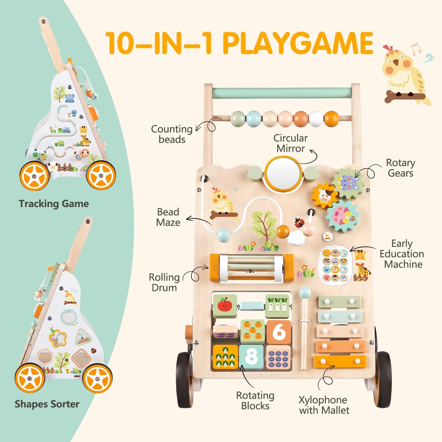 Wooden Baby Walker with Wheels, Push Walker with Baby Activity Center, Montessori Walking Toy for Girls Boys, Ajustable Speed & Height Activity Toy for Toddler Learning to Walk 12+ Months (Natural)