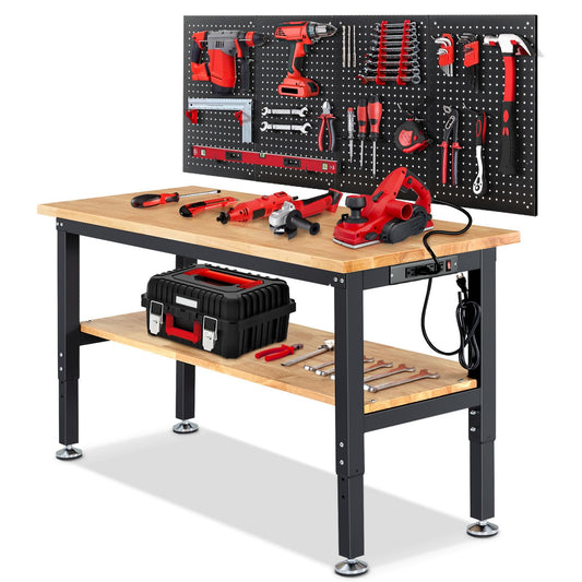 ENJOYWOOD Adjustable Height Work Bench 60x 22 Workbench for Garage Work Table with Under Table Shelf for Shop Woodworking, Heavy Duty Rubber Wood Top for Office, Home, Commercial