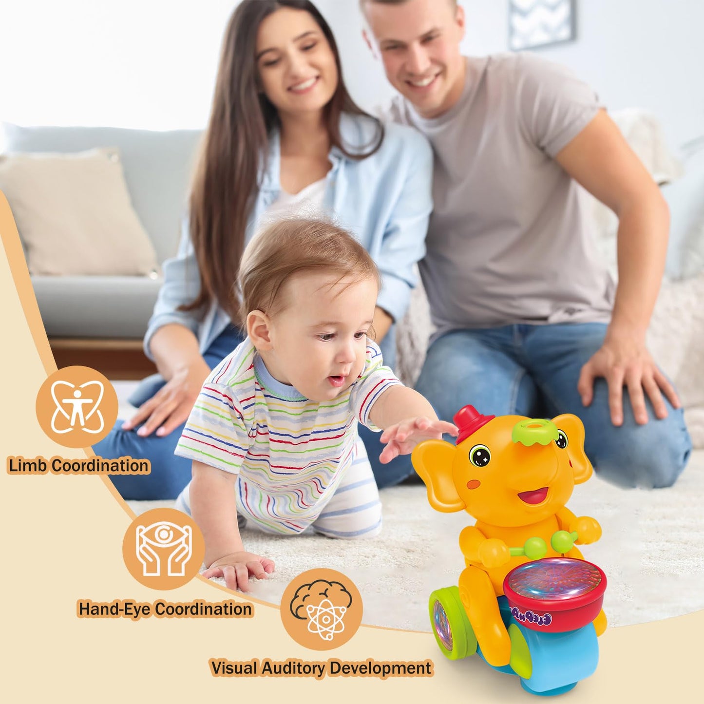 ARHEQI Baby Elephant Musical Crawling Toy with Lights, Sounds, Blowing Ball, Infant Sensory Toys, Birthday Gifts for Kids Boy Girl 3 4 5 6 7 8 Years (Yellow)