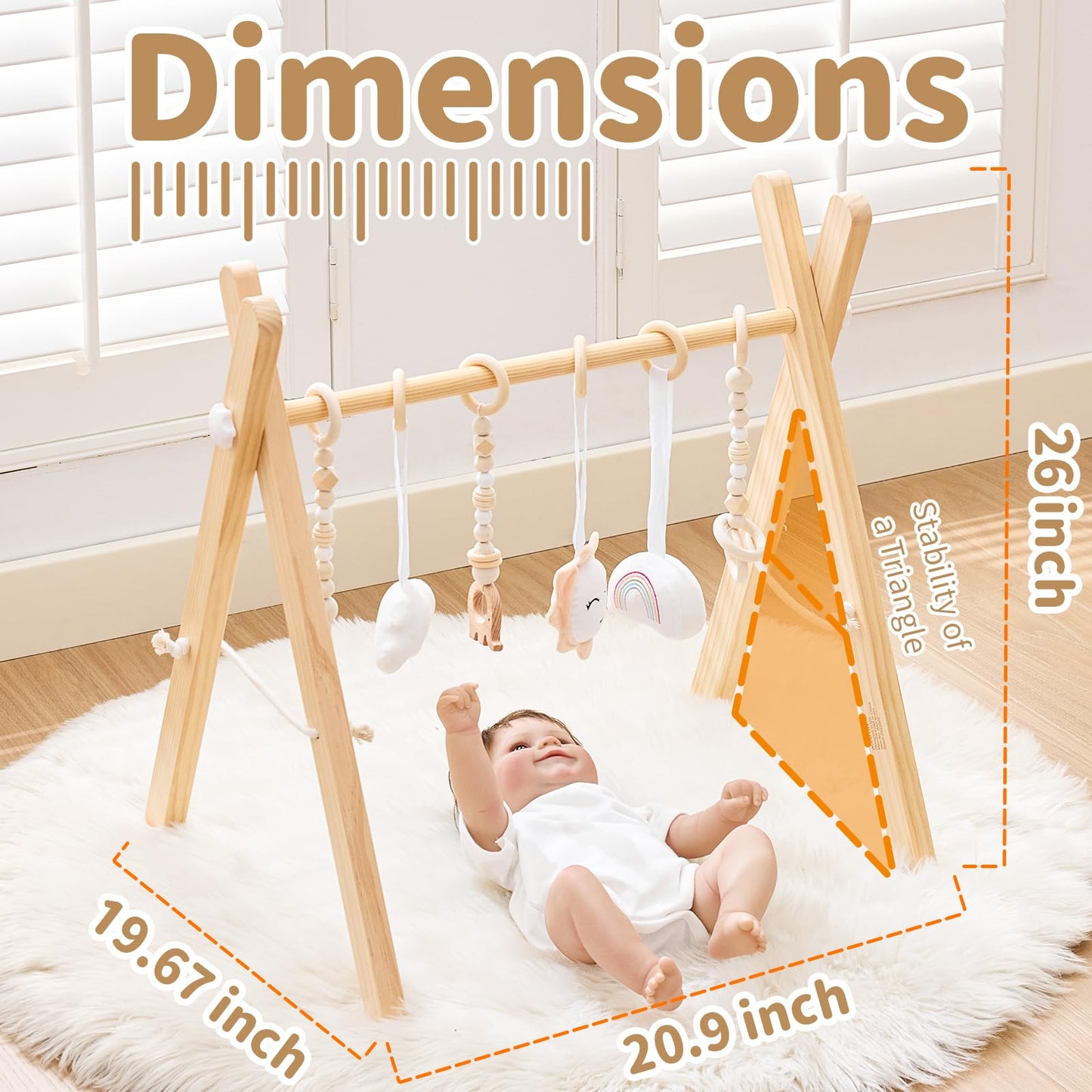 Foldable Wooden Baby Play Gym, Activity Center with 6 Sensory Hanging Toys Natural Wood Montessori Toys for Babies Indoor Gym, No-Tool Assembly Newborn for Infant Motor Development
