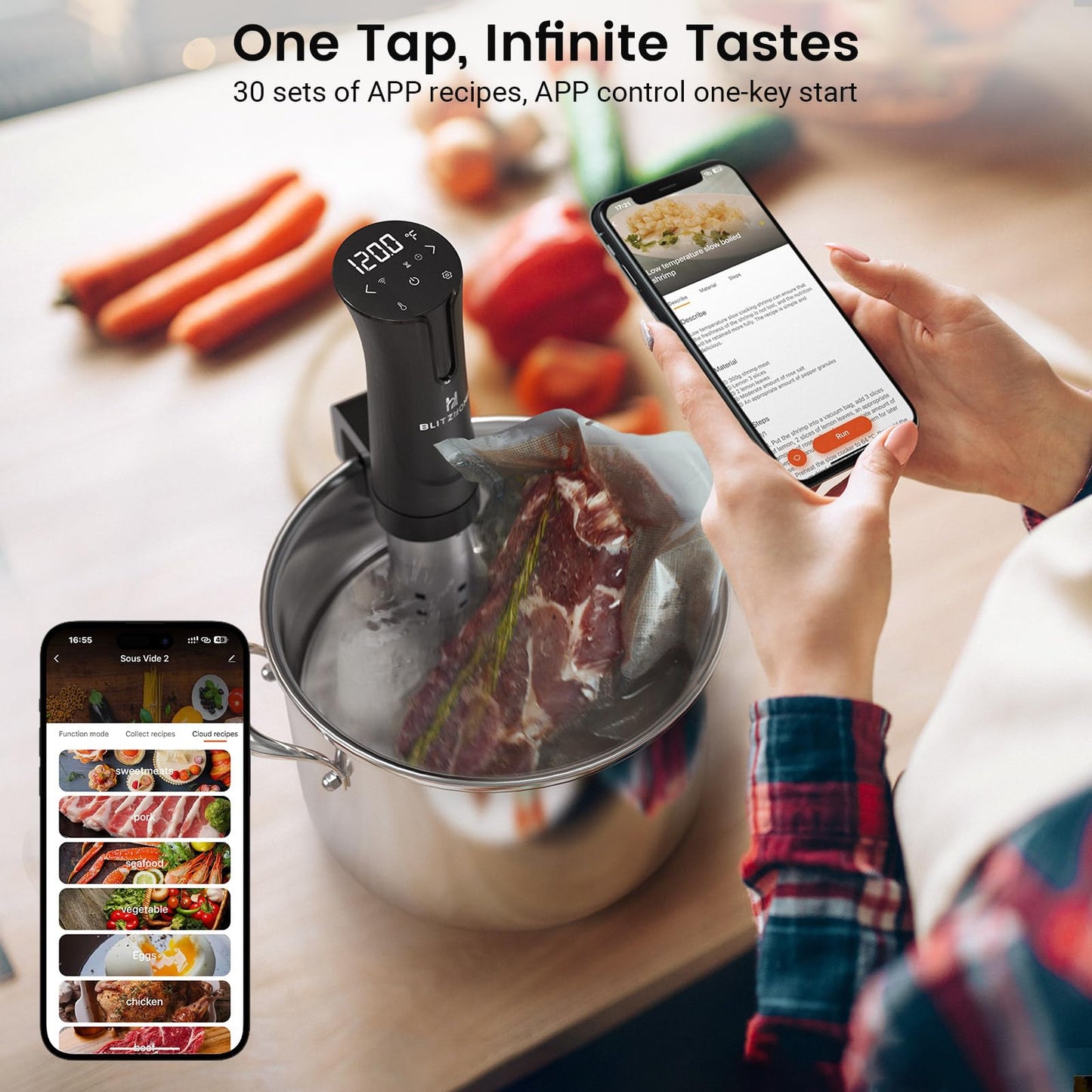 BLITZHOME Sous Vide Machine & Vacuum Sealer & 30 Pcs Kit Bundle: WiFi Enabled Sous Vide Cooker and 6 Easy Modes Sealer with Built in Cutter, 30Pcs Bags,1 Roll, 1 Vacuum Pump, 5 Air Valves, 5 Sealing
