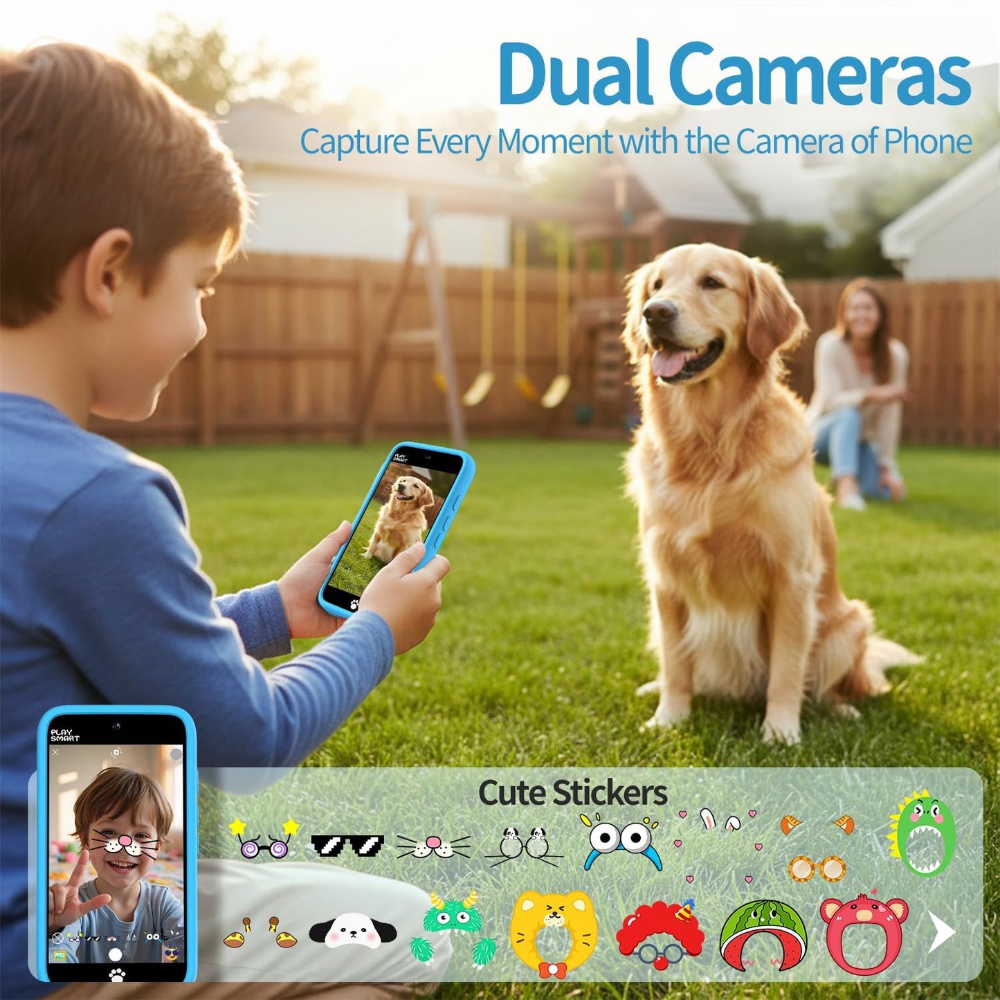 MOMILLA Kids Toys Smart Phone, Dual Camera with Stickers, 3.97" Touchscreen, 200+ Educational Puzzle Games, Learning Toys with Parental Control for Ages 3-8, Birthday Gift
