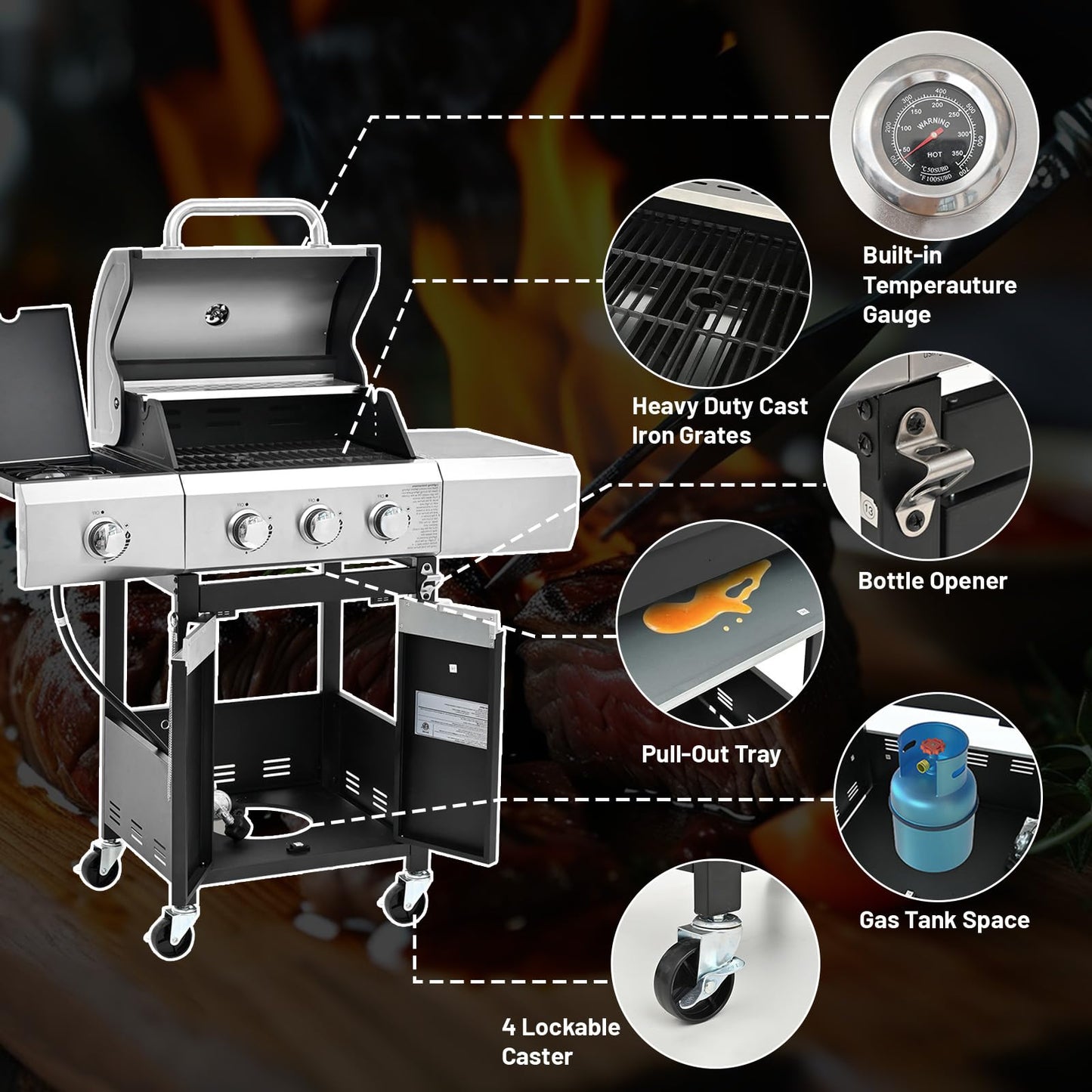 3+1 Burner Propane Gas Grill, 40,500 BTU Stainless Steel BBQ Grill with Side Burner for Outdoor Backyard, Camping, Patio, and Tailgating (3+1 burner)