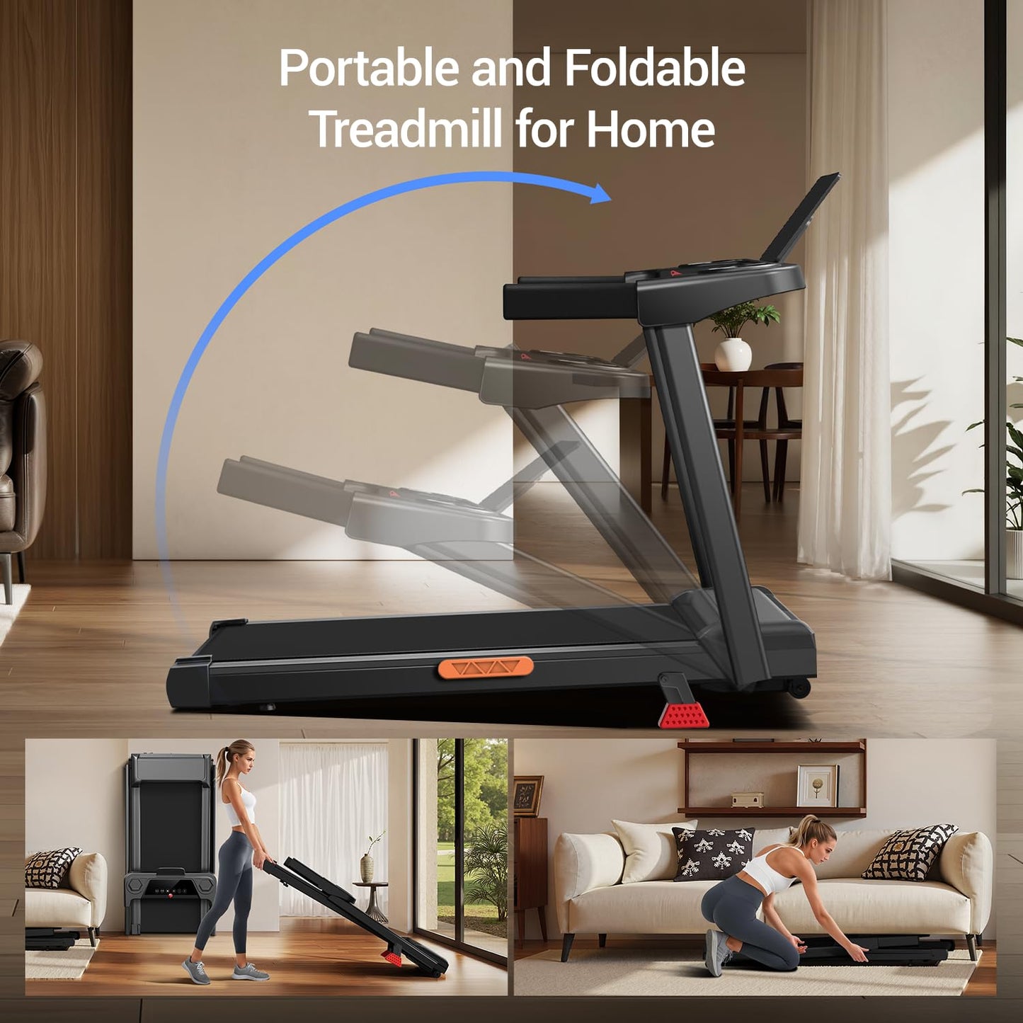 LONTEK 15% Incline Treadmill with Handles, 3-in-1 Portable Treadmills for Home and Office, Foldable Treadmills with 300 Lbs Weight Capacity, 3.0HP Quiet Walking Pad Treadmill, Three Screen