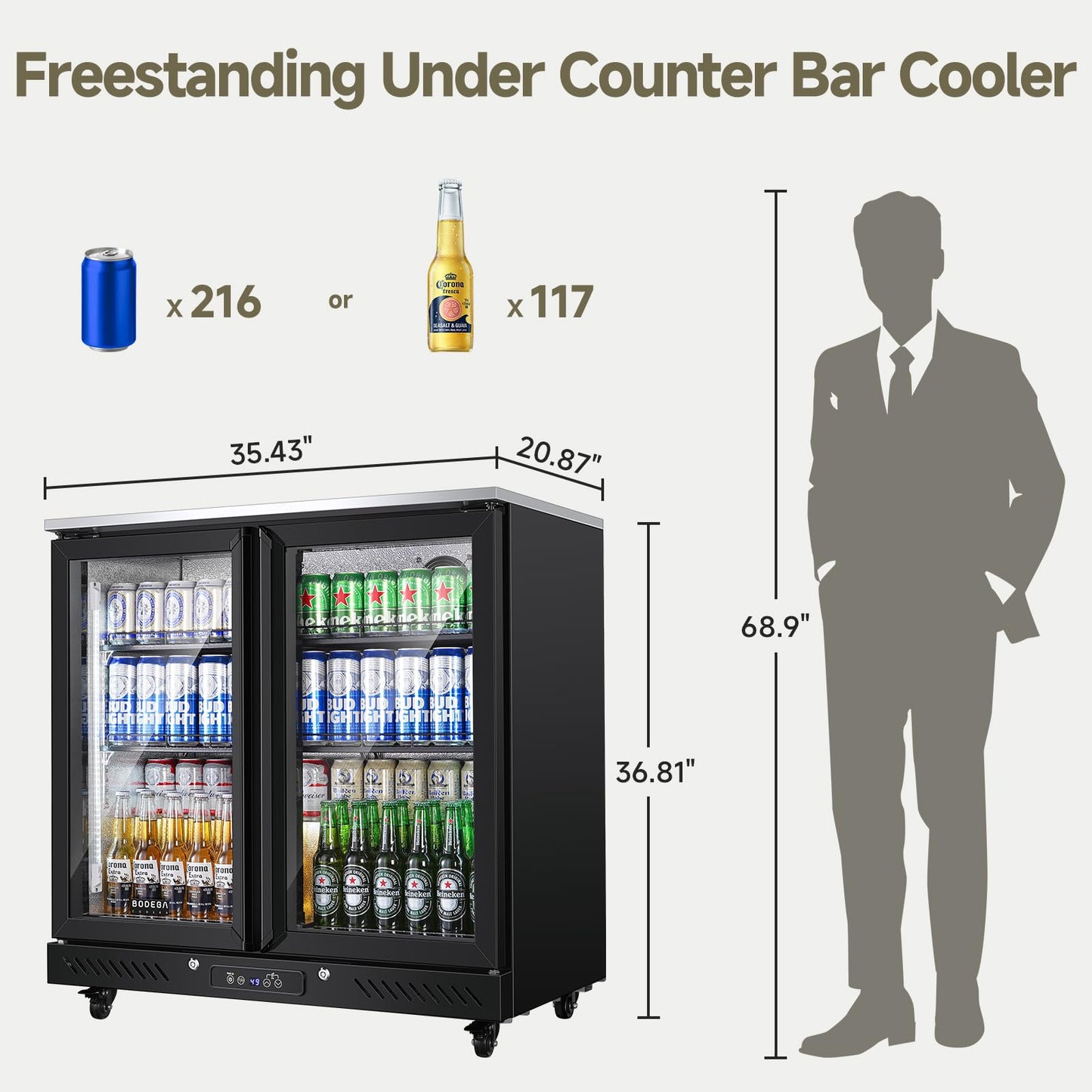 BODEGACOOLER Back Bar Cooler with 2 Glass Doors,7.7 Cu.ft Commercial Back Bar Beverage Refrigerator Counter Height,LED Lighting for Soda Drinks,Beer,Wine Stainless Steel Top,DOE Approved,4 Casters