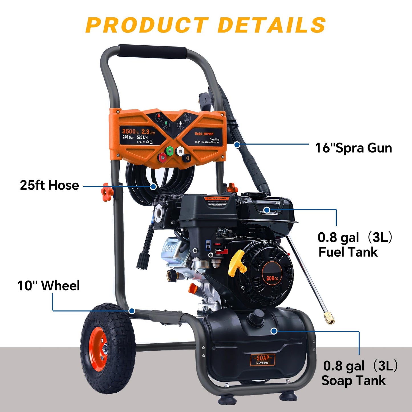 AidBuilt 3500 PSI Gas Pressure Washer, 2.3 GPM High Power Washer with 209CC Engine, 25FT Hose, 4 Quick-Connect Nozzles, for Cleaning Walls, Vehicles, Gardens, Driveways, Concrete(Orange)