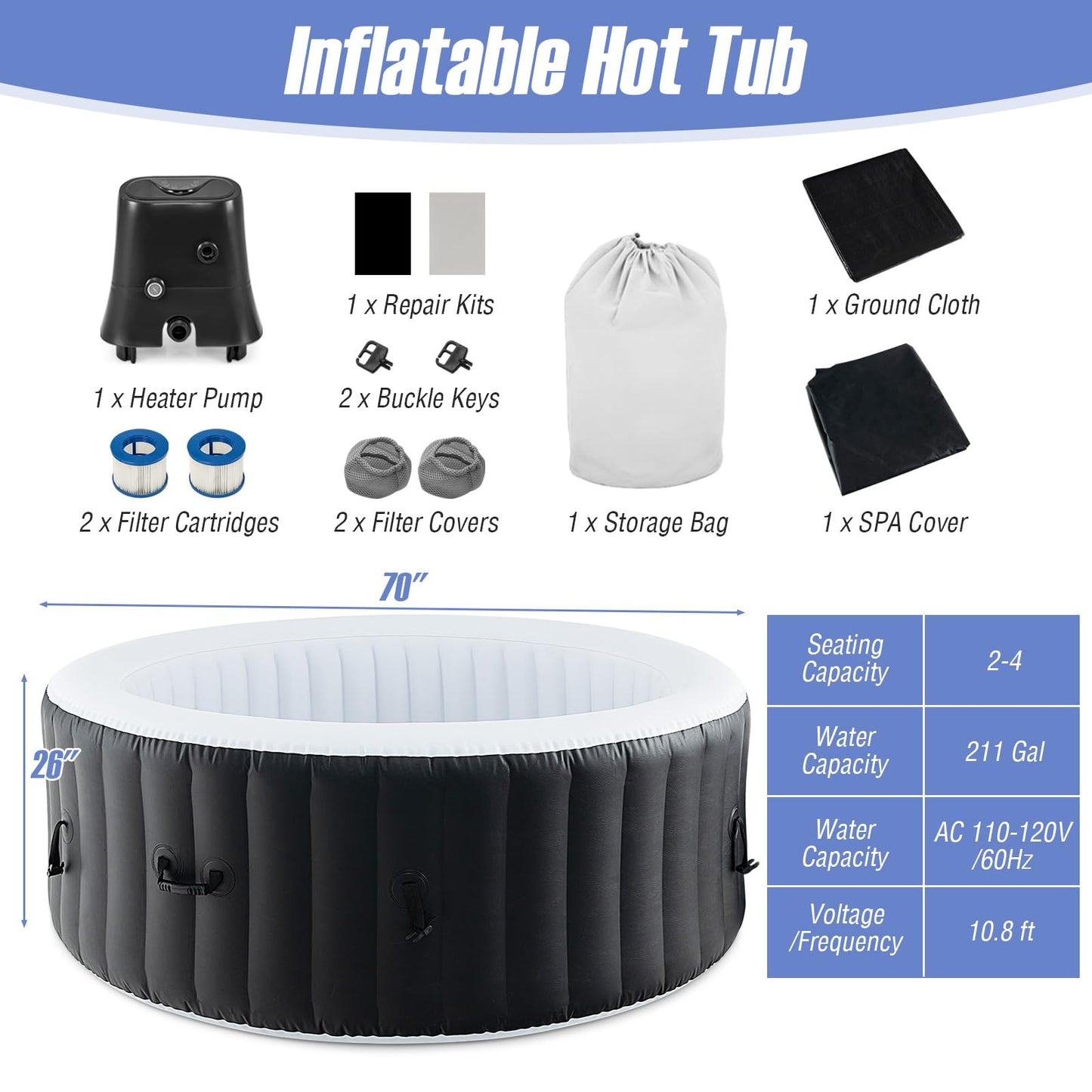 Goplus Inflatable Hot Tub, 2-4 Person Blowup Pool Hottub w/110 Air Jets, Heater Pump, Filter Cartridges, Insulated Cover, Ground Cloth, Portable Outdoor Water SPA (70’’ Round, 2-4 Person)