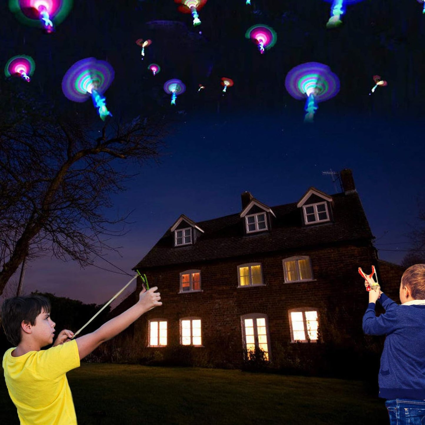 JX 24 Pack Rocket Slingshot Flying Toys with Led Lights,24Pcs LED Arrow Helicopters + 24Pcs Launchers,Summer Outdoor Game LED Slingshot Toy for Kids, Glow in The Dark Kids Party Supplies