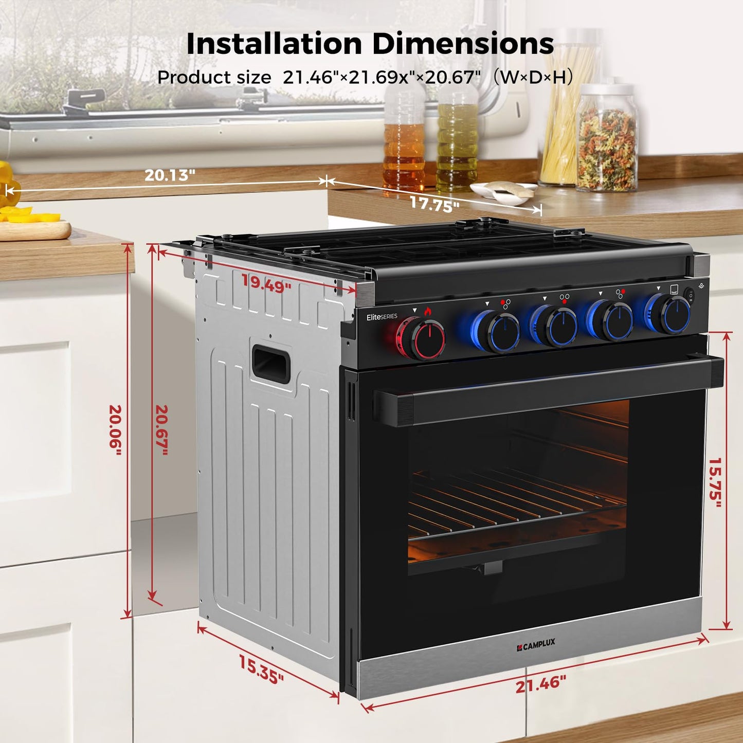 CAMPLUX Elite 21-Inch RV Stove Oven Combo with Flame Failure Protection, 1.8 Cu.ft RV Propane Oven with 3 Burners Cooktop, 28,100 BTU, Slide-In RV Range Oven for Camper, Trailer, Black