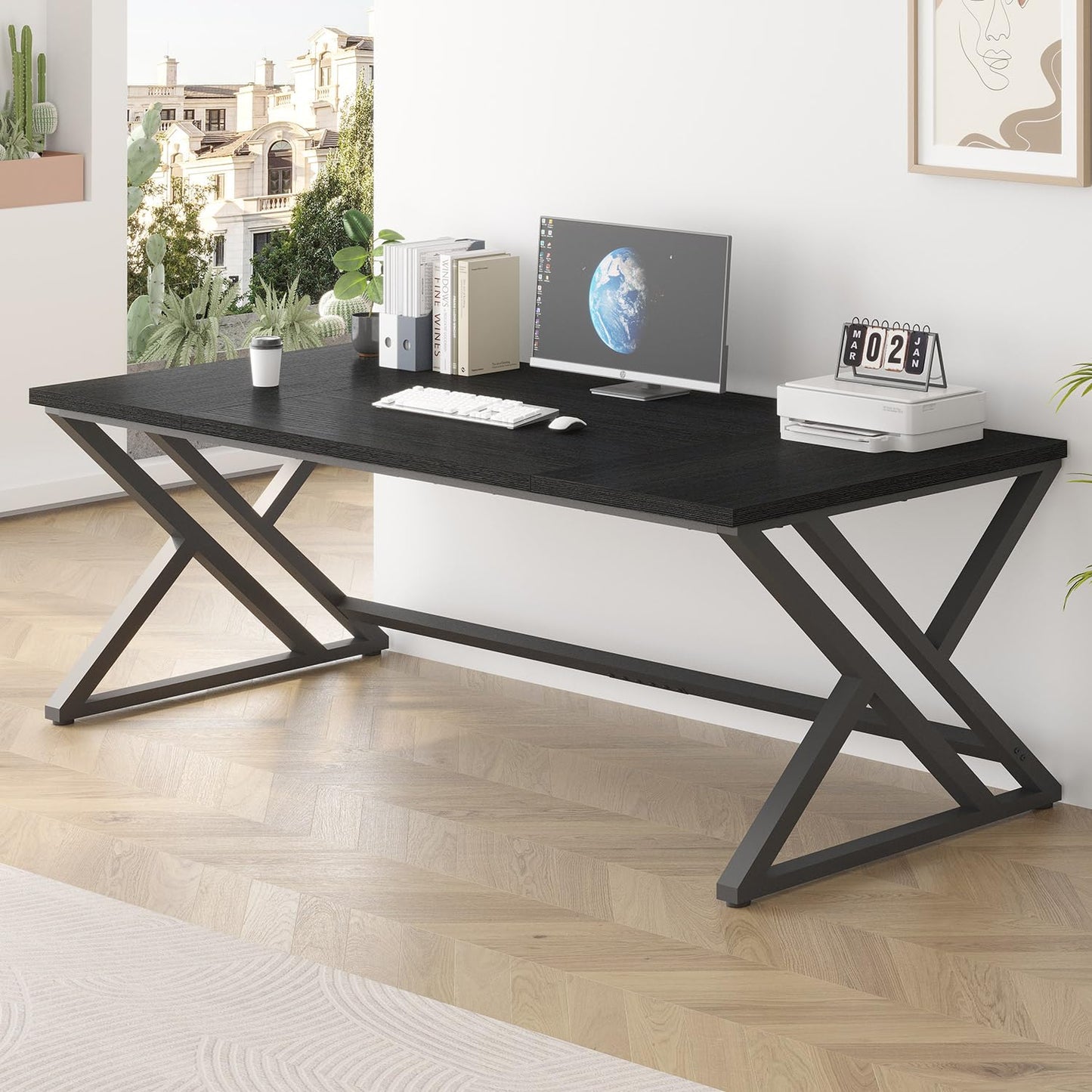 LVB 78.7" Black Computer Desk, Large Industrial Pc Study Home Office Desk, Long Modern Wood Gaming Work Writing Desk for 2 Person, Farmhouse Double Workstation Executive Desk with Storage in Bedroom