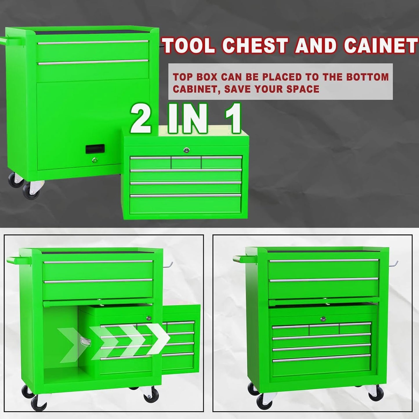 Dawmilon Tool Chest, 8-Drawer Rolling Tool Storage Cabinet with Wheels, Detachable Top Tool Box, and Locking Mechanism, Metal Tool Cart with Liner and 6 Hooks for Garage, Workshop, Green