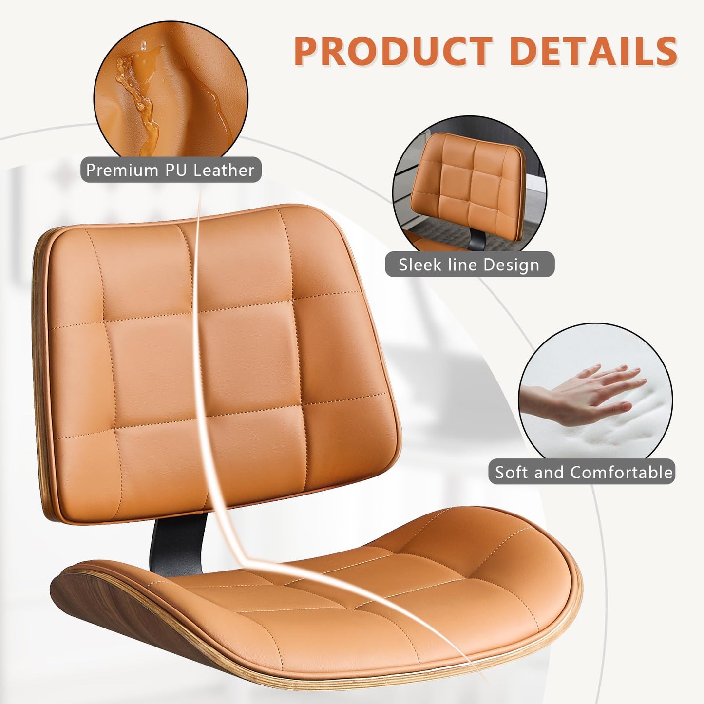 BERYTH Home Office Desk Chair with Wheels, Adjustable Height Armless Office Chair, PU Leather Mid Back 360° Small Computer Chair, Modern Walnut Chair No Arms for Office, Reading Meeting Room(Brown)