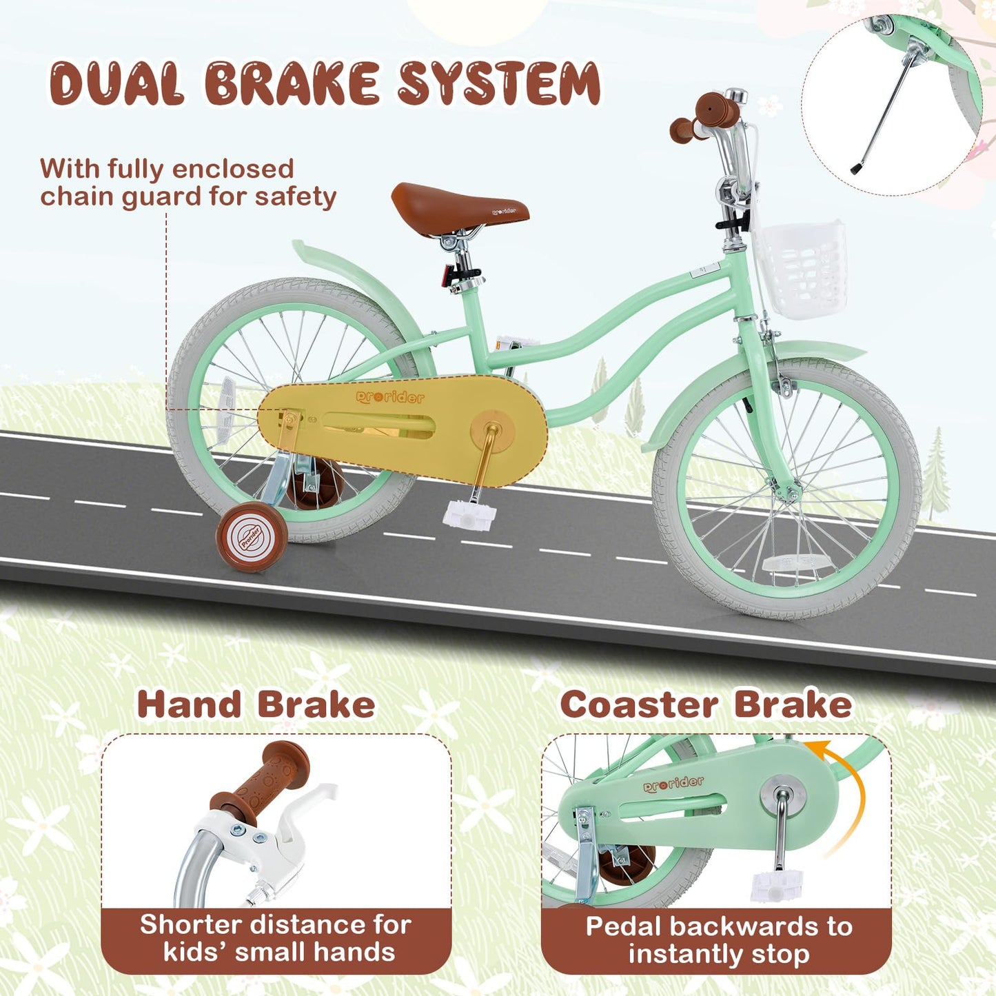 BABY JOY Kids Bike, 18 Inch Boys Girls Bike for 4-8 Years Old w/Training Wheels, Adjustable Seat, Removable Basket, Handbrake & Coaster Brake, Kids Bicycle (Mint Green)