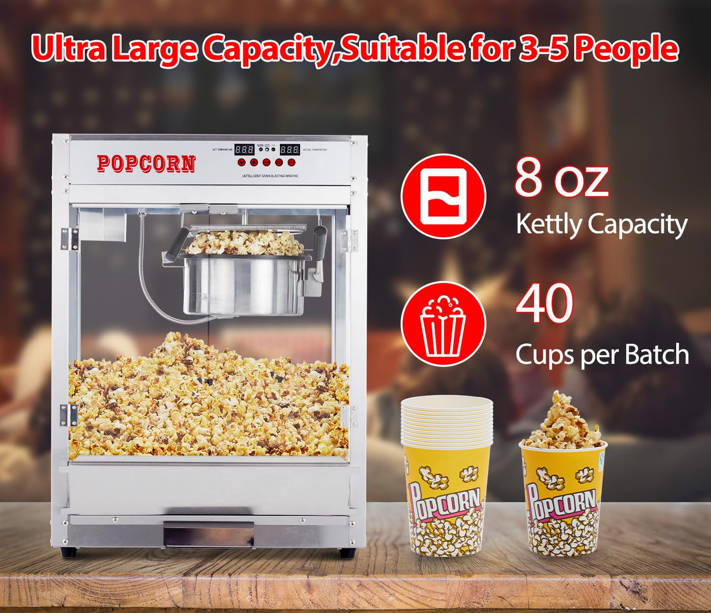 RIEDHOFF 8OZ Popcorn Machine for Movie Night, Temperature Control with Digital Display, Popcorn Popper Machine with 10 PACK Popcorn Buckets, Old Fashion Popcorn Machine Movie Theater Style