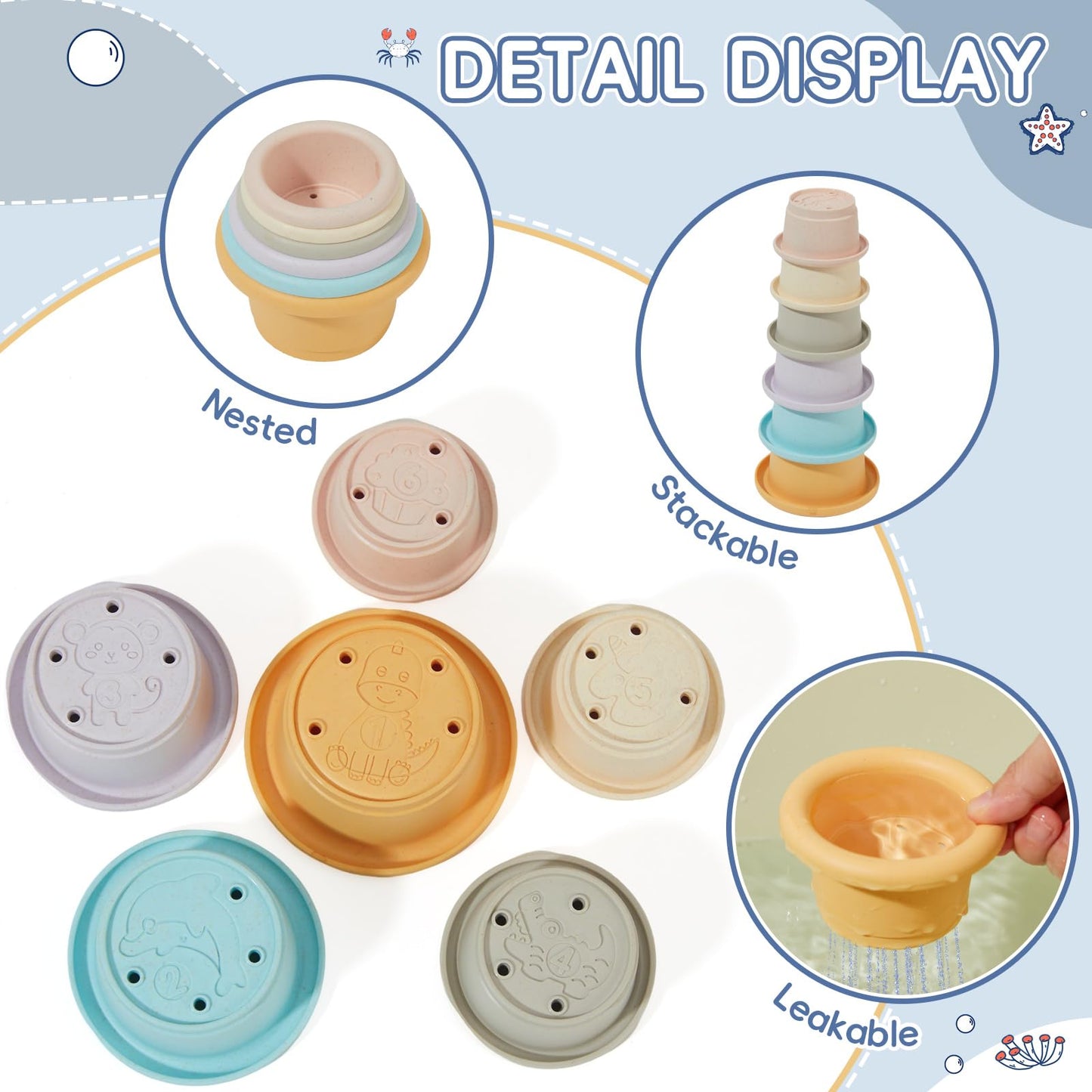 Baby Bath Toys, 21PCS | Easy Clean & Mold Free Bath Toys for Babies 6-12 Months | Educational Shape-Sorting Lid & Baby Stacking Cups | Tub Water Pool Beach Toy for Baby Gift with Portable Storage Bin