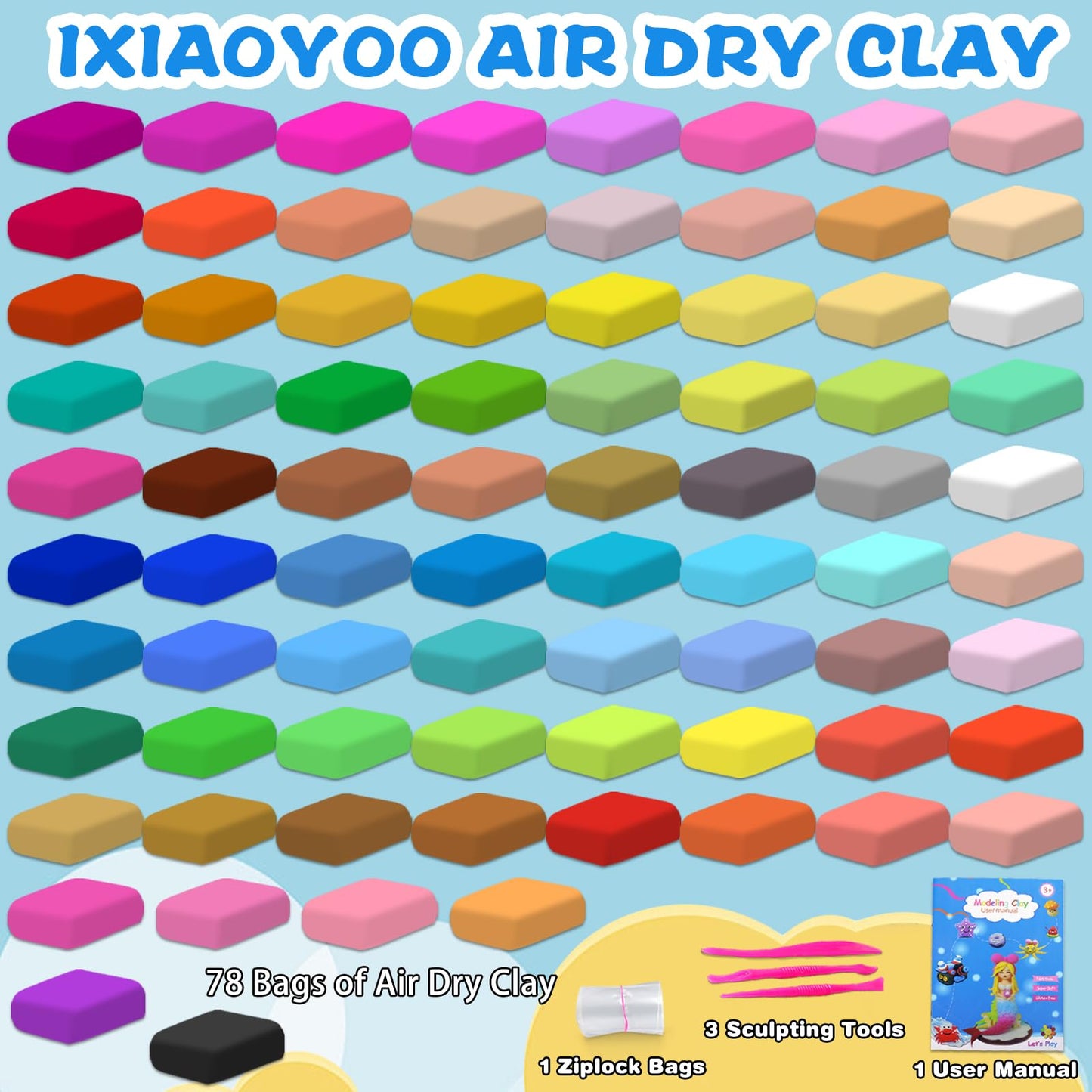 Ixiaoyoo Air Dry Clay for Kids, 78 Colors Modeling Magic Clay, Safe & Non-Toxic, DIY Model School Arts & Crafts Kit with Tools, Home Party Favors, Birthday & Christmas Toys Gift for Boys & Girls