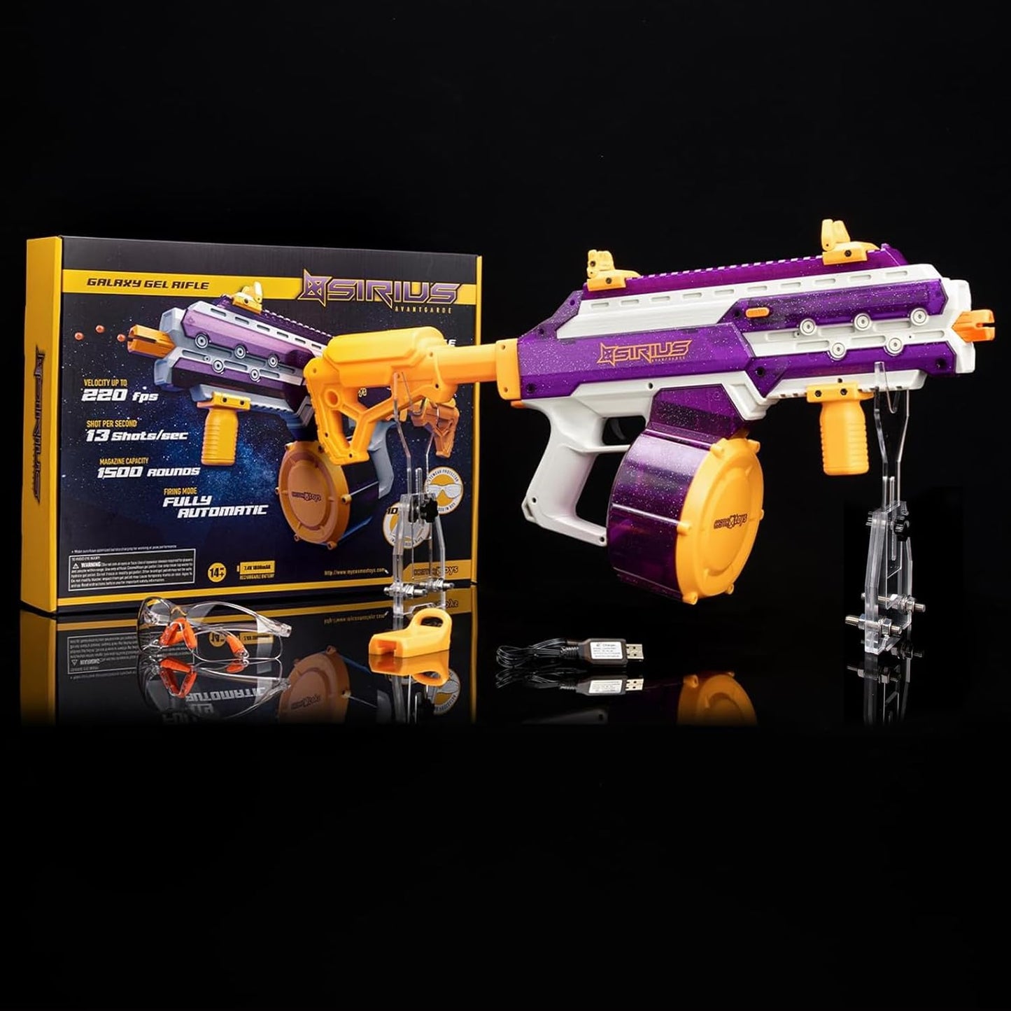 Sirius Gel Ball Blaster Gun 220FPS (XL Size), Full Auto Electric Water Bead Rifle with 1500 Capacity Mag, 1800mAh Rechargeable Battery, Splatter Ball Toy for Age 14+ & Adults (Purple)