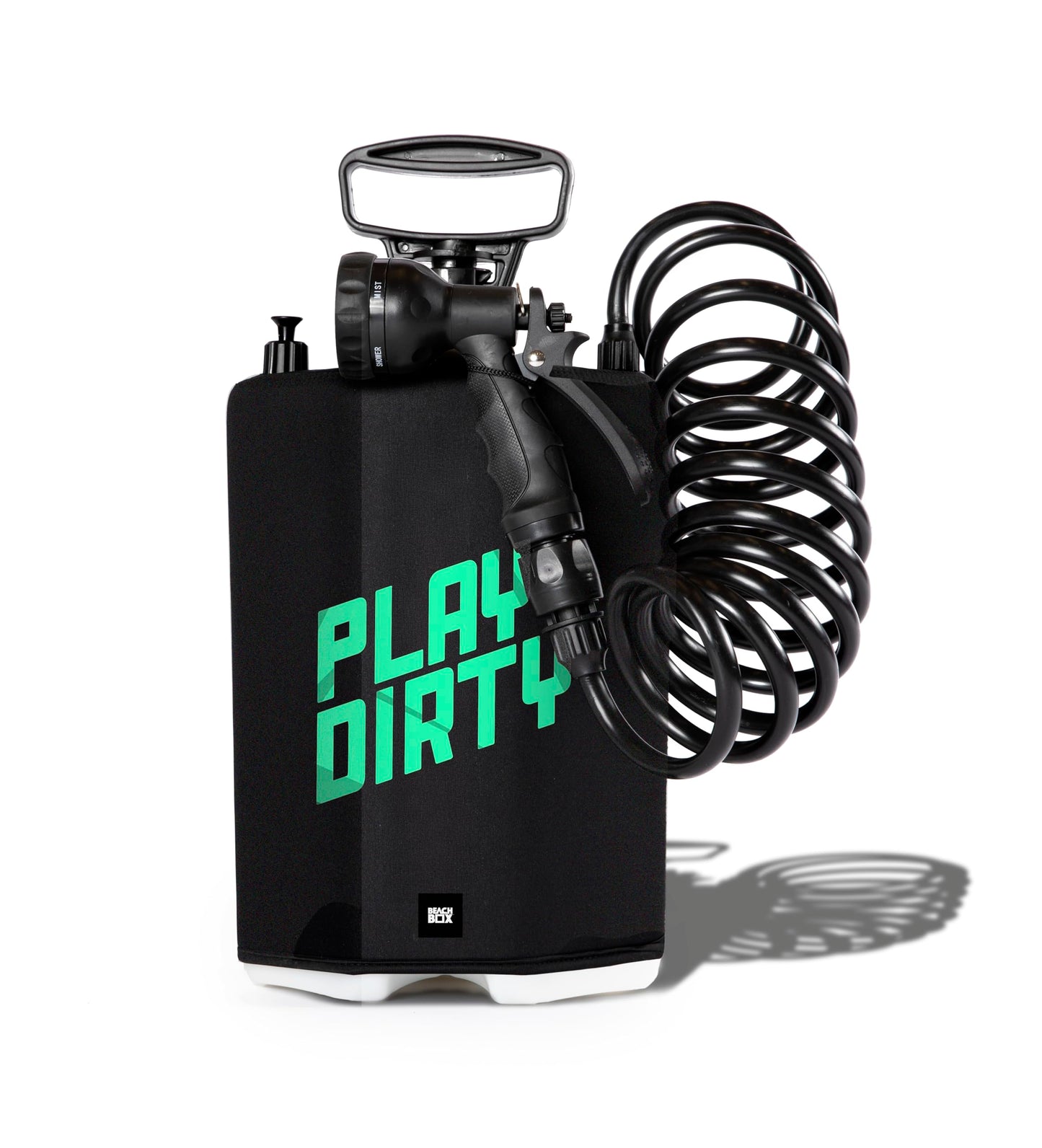 BeachBox 5 L Portable Shower for Camping with 5-Mode Spray Gun | Hand Pump (40–50 PSI), Neoprene-Insulated 7 ft Hose, Screw-Top Lid & Valve | Outdoor Portable Camp Shower (Play Dirty/Black)