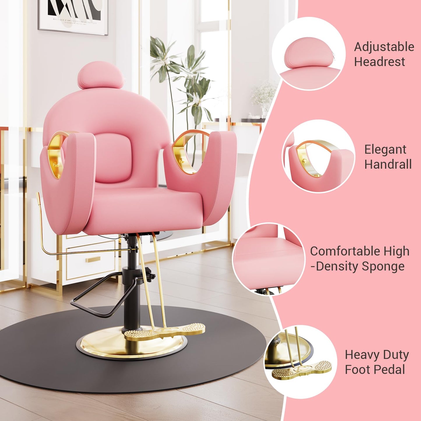 BouPower Barber Salon Chair, Height Adjustable Hydraulic Hair Reclining Salon Chairs, 360 Degrees Rotation, Multi-Function for Barbershop, Spa, Pink