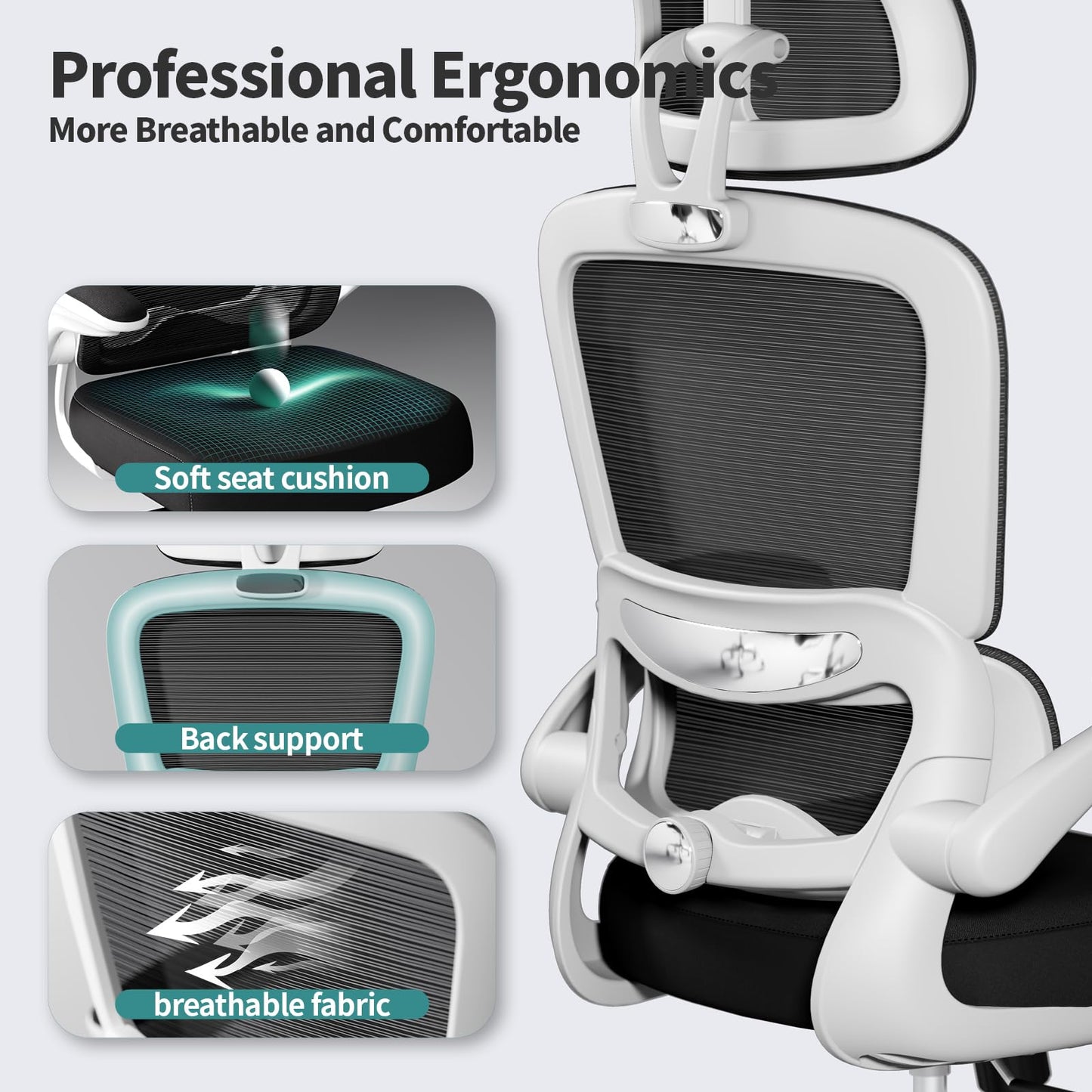 TRALT Office Chair Ergonomic Desk Chair, 330 LBS Home Mesh Office Desk Chairs with Wheels, Comfortable Gaming Chair, High Back Office Chair for Long Hours (Black & White)