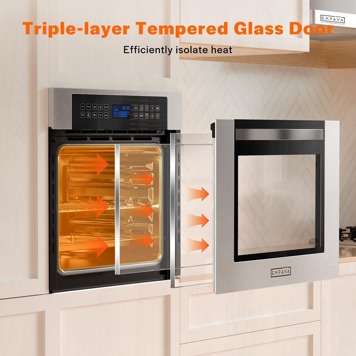 Empava 24 Inch Electric Single Wall Oven with 10 Cooking Modes, Convection Fan and Rotisserie, Screen Touch Control, Stainless Steel