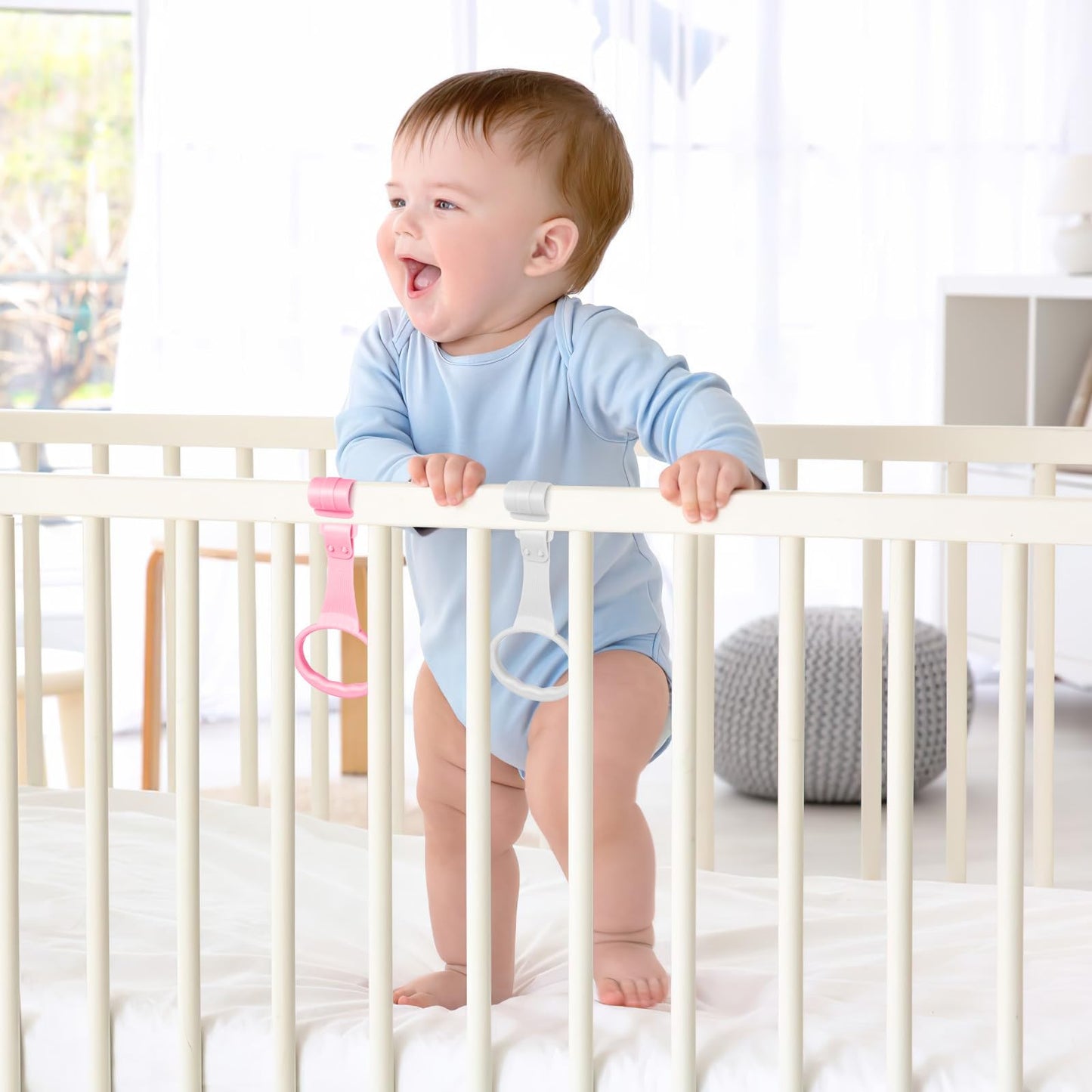Baby Pull Up Rings for Playpen, Playpen Grippers and Assist Handles for Toddler Walking Training, Crib Standing Rings for Infant Playard, Nursery Accessories for Boy Girl, 4 Pcs