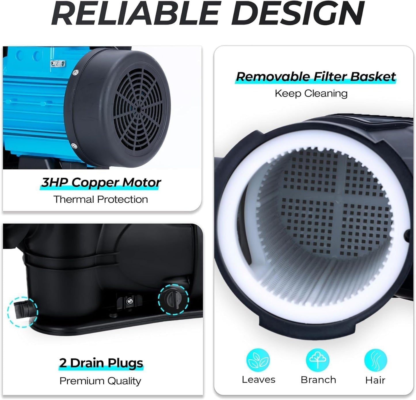 BOMGIE In/Above Ground Pool Pump, High Flow Powerful Self Priming Pool Pump, 3HP 7860 GPH 220V