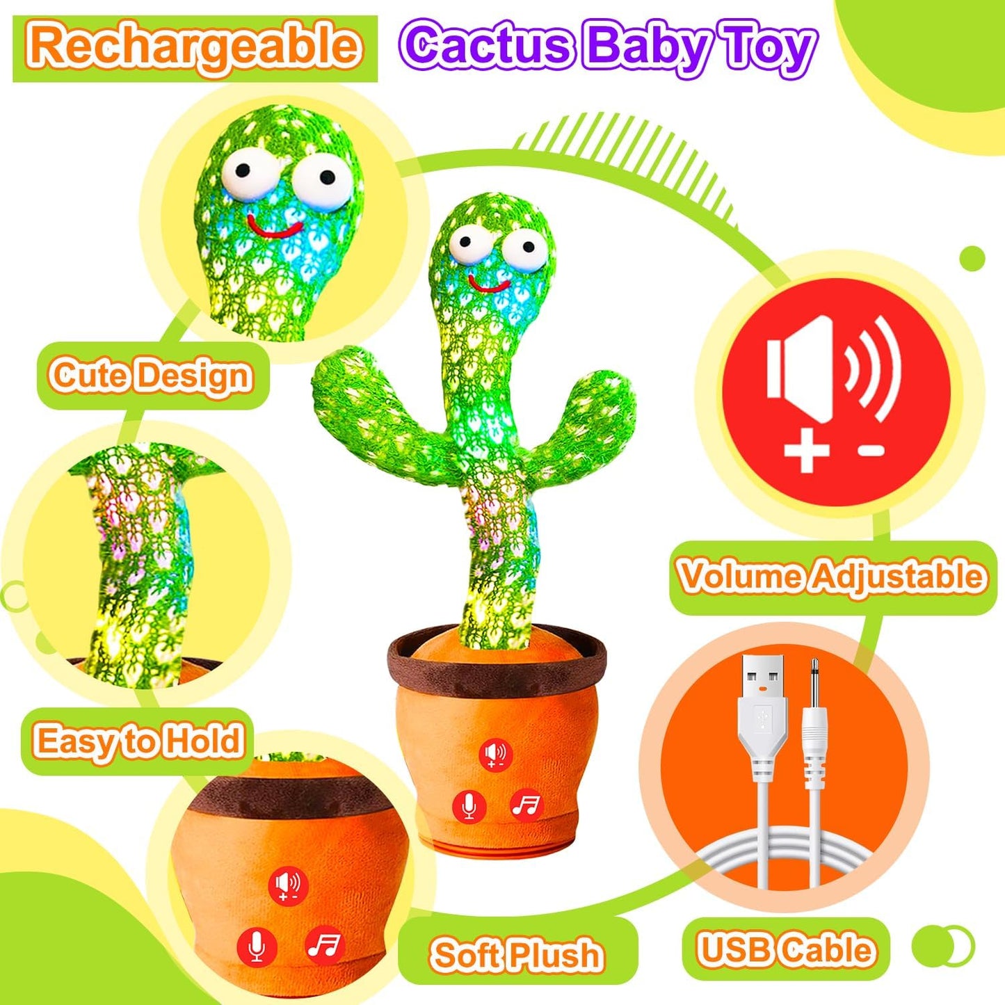 Vitosup Rechargeable Baby Toys Dancing Talking Cactus Toy, Volume Adjustable, Singing Mimicking Repeating, Easter Gifts/Easter Basket Stuffers for Baby Toddler, Baby Infant Toys Gifts for Girls Boys