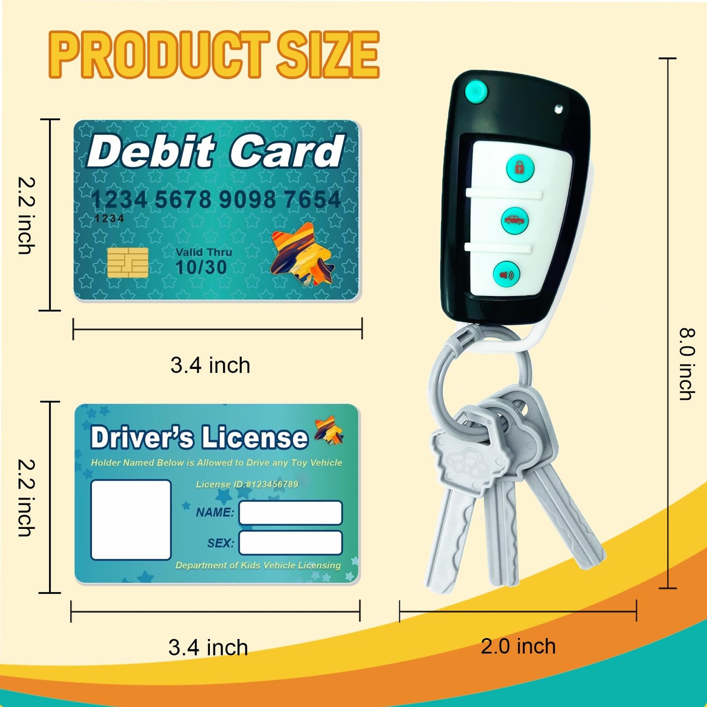Car Key Playset, Remote Car Key Toy with Light and Sounds, Pretend Play Keys with Cards for Boys and Girls, Travel Toys for Toddlers, Babies (Black)